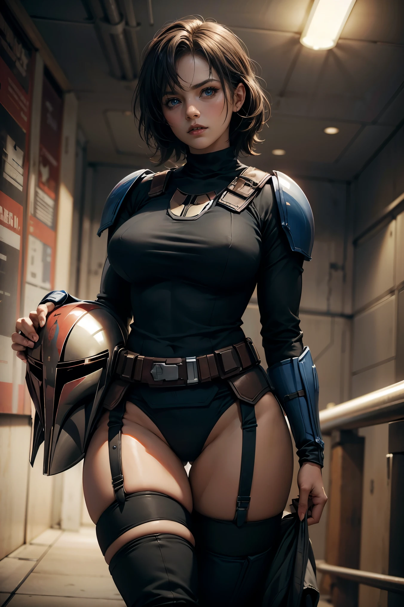 Star Wars Worldview ,A Mandalorian woman takes off her Helmets ,Helmets,Beautiful Mandalorian ,Hold the Mandalorian Helmets in your arms, big eyes,GARTER BELT , slender , Ripped Outfit ,slimming, Tide, is wearing Mandalorian armor , has a Mandalorian Helmets