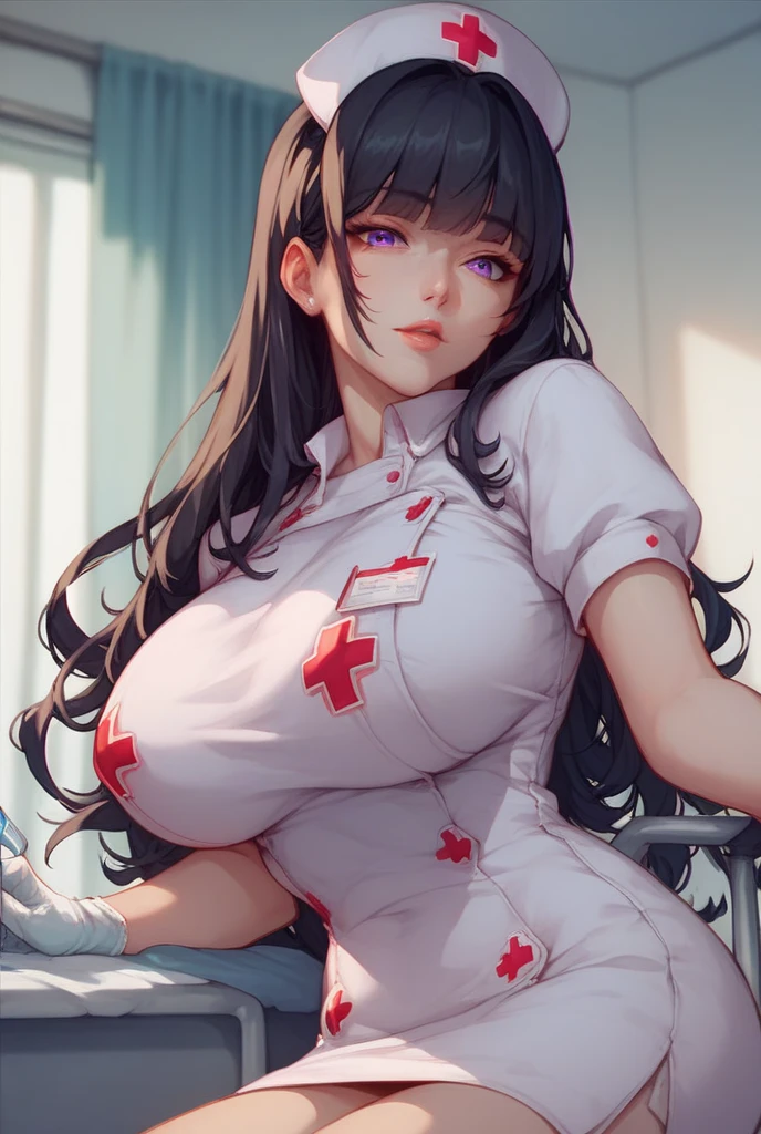 masterpiece, best quality,Extreme Detail, Super detailed,High resolution, HD, 4K
beautiful eyes, beautiful hair, Beautiful side, beautiful skin,dutch angle, black hair, red eyes, Long Hair, Big Breasts,nurse, Nurse's hat, breast implants, dresses with collars, short skirt, short sleeves, thigh, white dress, white hat,Viewer-oriented,sit cross-legged, lie, pov bed, blush, gentle,mischievous smile,