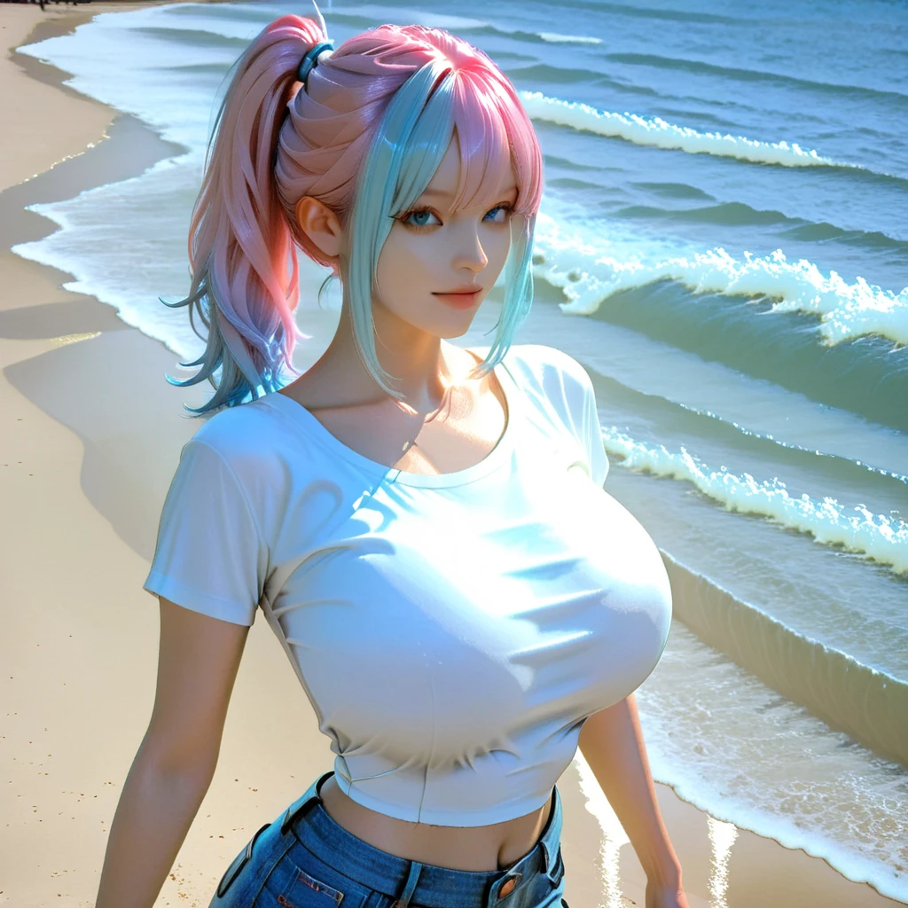 (ultra realistic,32k,RAW photo:1.1),(high detailed skin:1.1), 8k uhd, dslr, high quality, film grain, (makeup, mascara:1.1), lips,(thick\lips\),
(shiny glossy translucent clothing:1.1), <lora:seraleo:0.7>(serafuku leotard), white leotard, pink hair, long hair, <lora:add_detail:0.96>, huge breast, (upper body:1.2),
Balancing, pretending to walk on a rainbow,
(busty:1.1) , (chubby:0.1),(beautifully lit:1.2), <lora:LowRA:0.4>, dark theme , beach, water, palms, sunshine