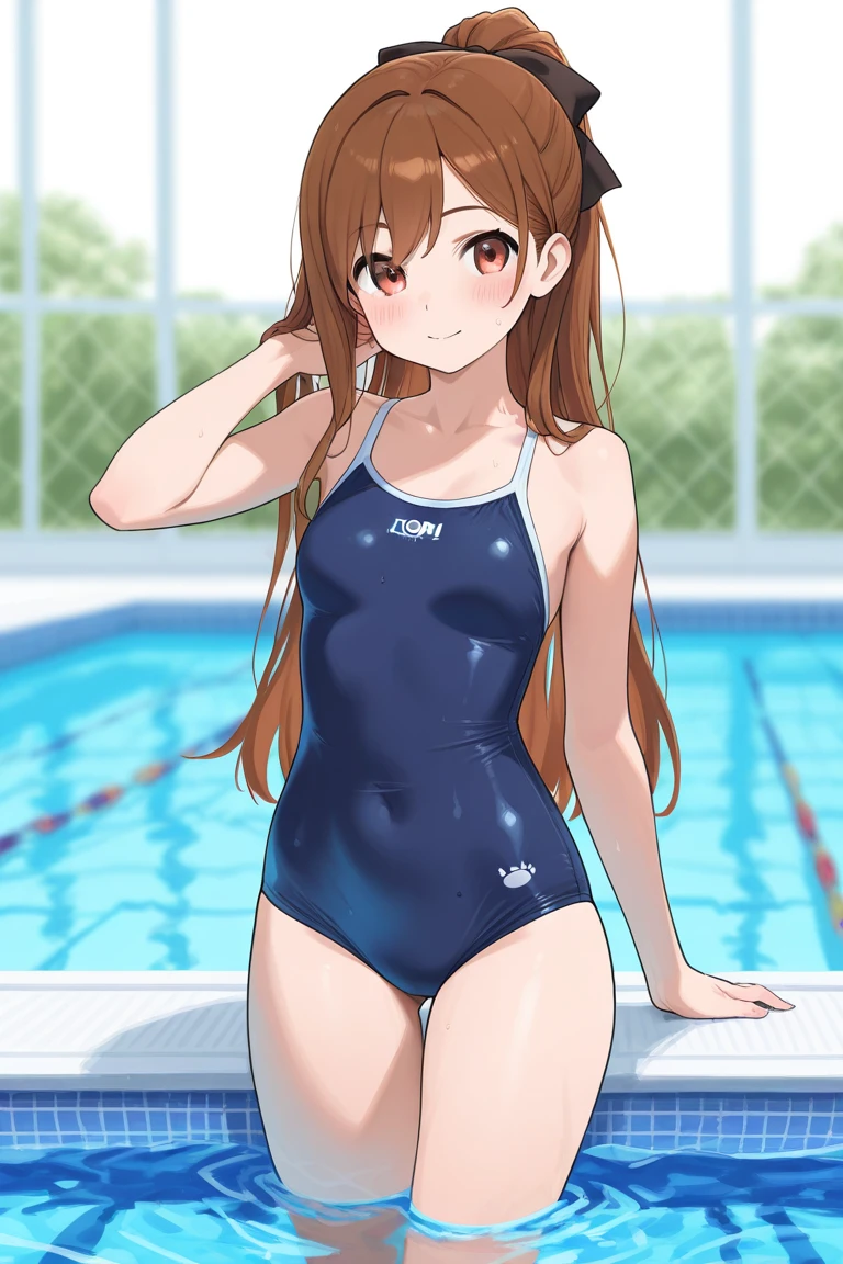 Anime boy in blue swimsuit posing in room, He has long orange-brown hair, Boy with orange long twin tail hair, Boy with long two side up hair in brown, Blue-eyed boy, garments:High-cut swimwear, wearing a swimming wear, Cool anime boy in blue tanksuit, Wearing swimwear, Competitive swimsuit, Tall men, Swimsuit, highleg, onepiece swimsuit, Seductive Anime Boy, sparky swimsuit, Commission for high resolution, (Anime Boy), Rin, Bare shoulders, bare legs, Swimsuit,