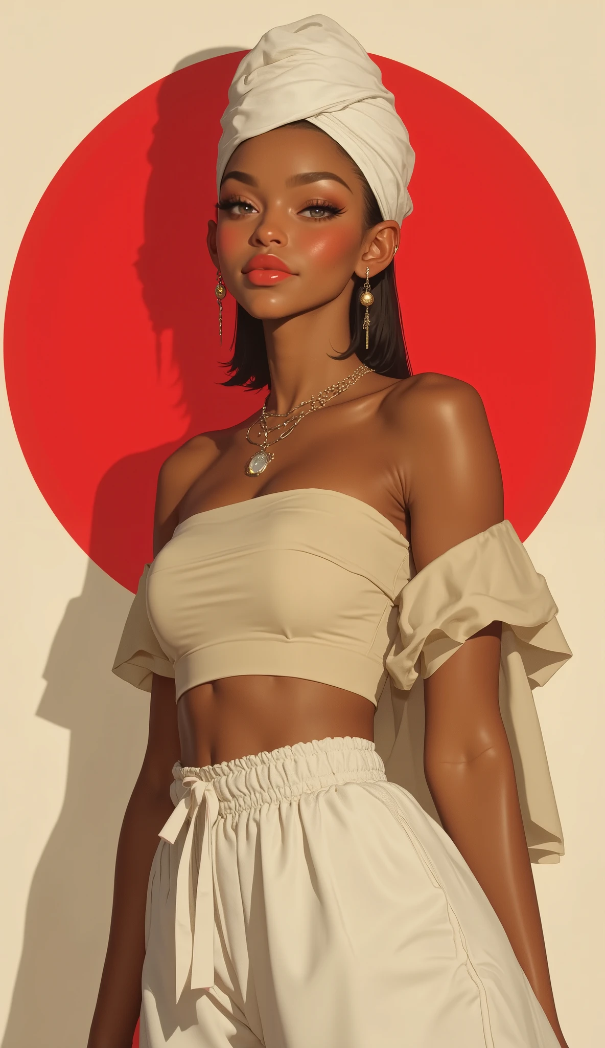 young black woman, smooth skin, tied hair, simple white turban on head, strapless top, exposed belly, pants, full lips, red lips, smile, beige background, red circle
