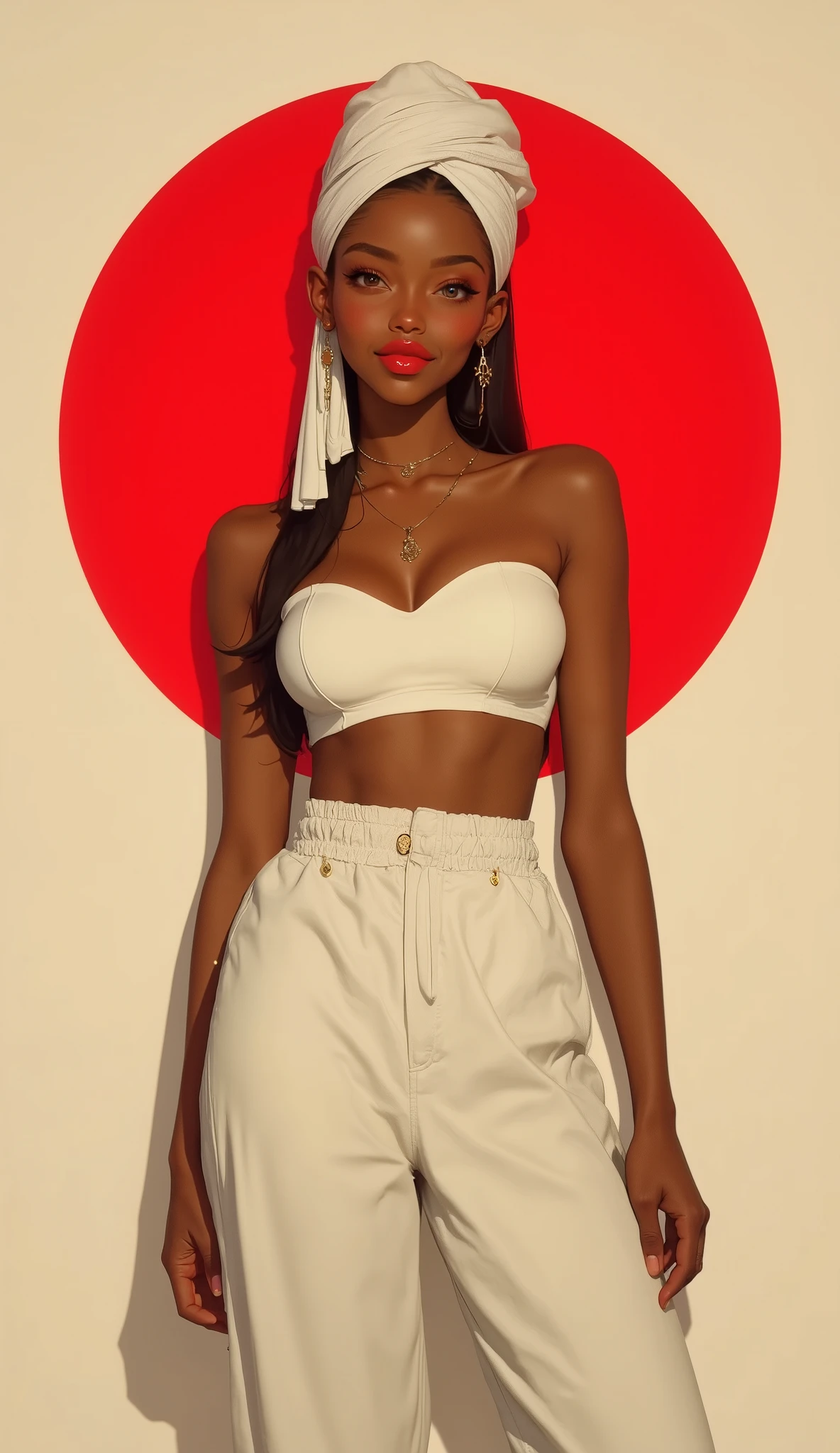 young black woman, smooth skin, tied hair, simple white turban on head, strapless top, exposed belly, pants, full lips, red lips, smile, beige background, red circle