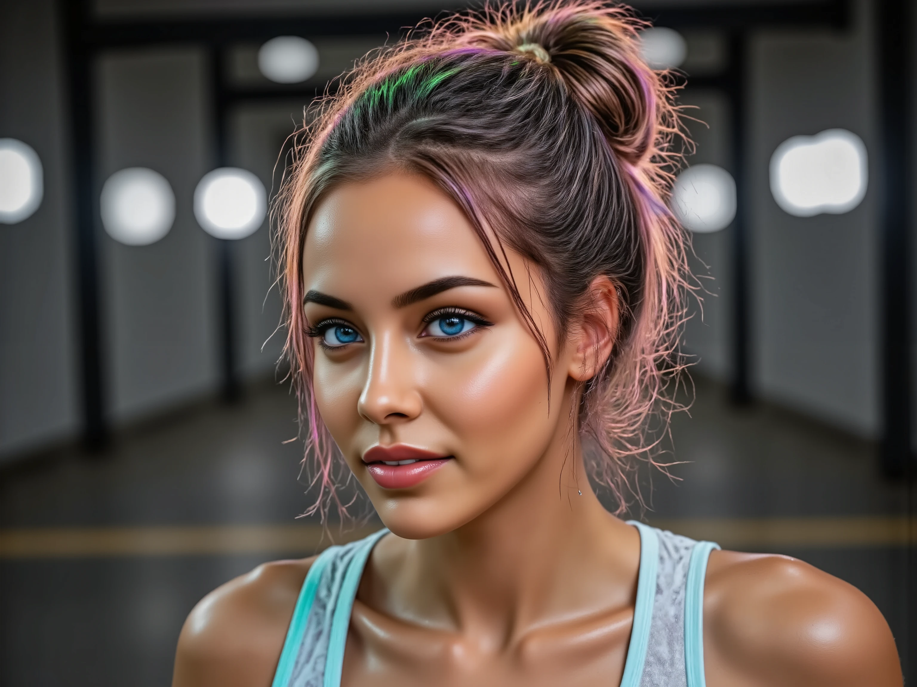 8k ultra-detailed photorealistic portrait, professional sports photography, athletic woman in high-performance tech tennis outfit, form-fitting white sports top with neon piping, matching athletic skirt, natural skin tone with subtle circuit patterns, realistic face structure, professional athlete physique, natural-looking holographic hair in neat double bun, indoor tennis court lighting, photorealistic textures, high-end sports photography style, Canon EOS R5 settings, studio lighting setup, sharp focus, natural shadows