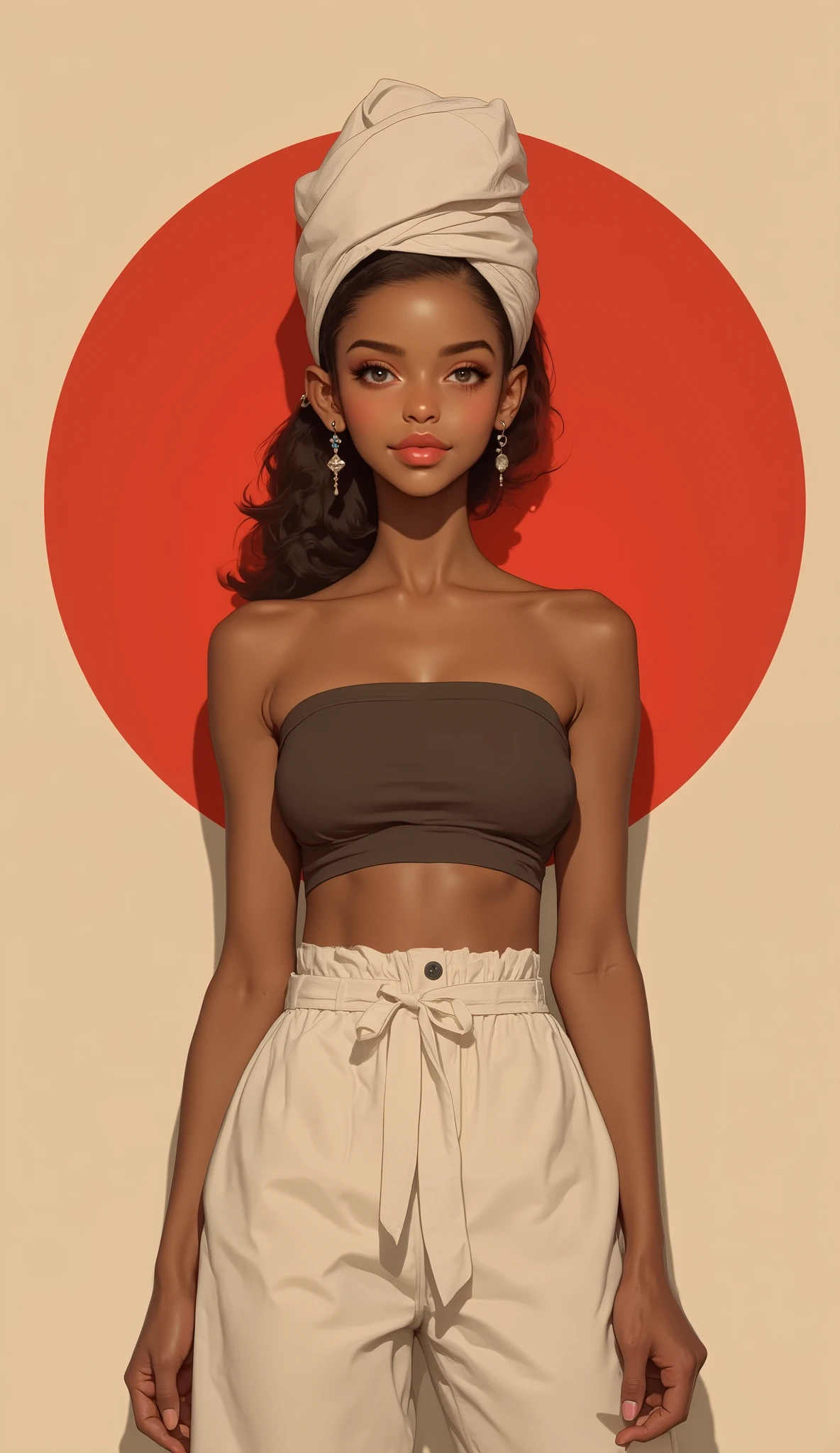 young black woman, smooth skin, tied hair, simple white turban on head, strapless top, exposed belly, pants, full lips, red lips, smile, beige background, red circle