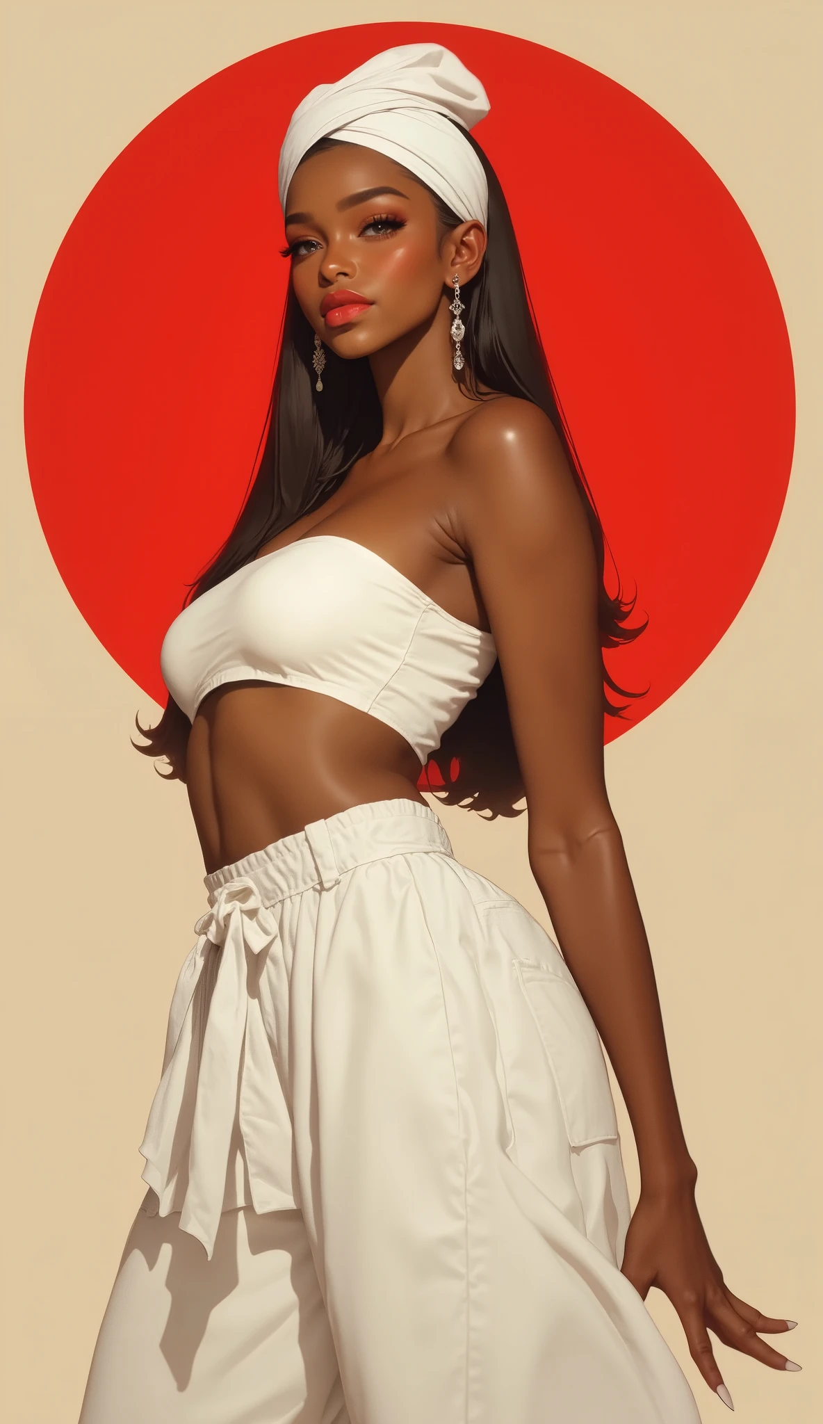 young black woman, smooth skin, tied hair, simple white turban on head, strapless top, exposed belly, pants, full lips, red lips, smile, beige background, red circle