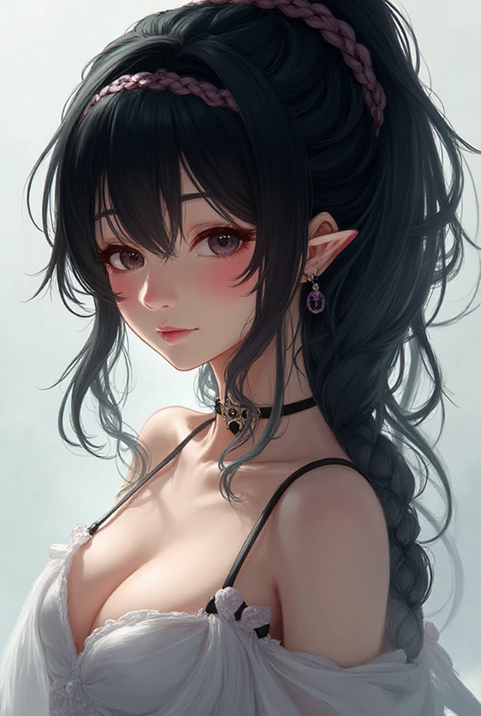 ((Best quality)), ((masterpiece)), (detailed: 1.3), beautiful woman, One girl, ((purple eyes)), Cinema Lighting, ((black hair, ponytail hairstyle, wavy hair, long bangs)), ((elf ears)), earrings, piercing, tanned skin, ((pink short dress, off shoulders)), large breasts, cleavage, open clothes, thick ass, choker, necklace, beach, sitting, bedroom, pink walls, very detailed eyes, very detailed hair, very detailed clothes, very detailed face, beautiful eyelashes, sultry eyes, juicy lips, soft blush, posing sexily, provocative, looking at viewer, in love with viewer, very expressive face, smooth skin, freckles, natural eyebrows, soft smile