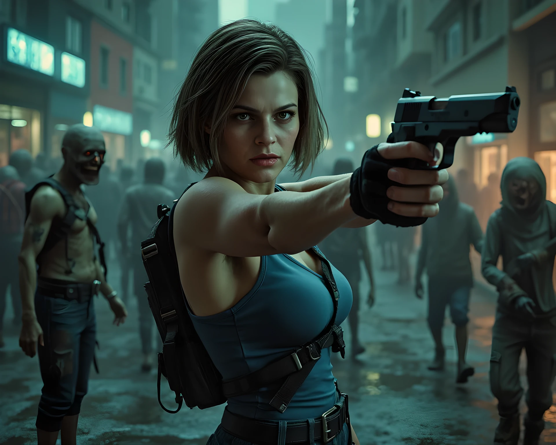 Safe for work image,(resident evil 3 game artwork),(landscape Environmental camera wide angle perspective scenery:curvy busty jill valentine:racoon City:she is holding, pointing, and aiming a handgun to the viewers),she is wearing blue tanktop, dynamic firearm shoot body pose,((loads of zombie chasing on the background:1.3)),realistically fullest depth,racoon City nightmare on the background,(wide panoramic angle|hyperrealistic:river the scenery),(Cinematography:accurately prompt depicted),,(noise offset),best documentary photo,(balancing image composition),(octane 3d rendering|nikon:1.3),(ultra realistic lifelike texture),(best photography composition),(best image aperture),(full details depth of field),(dynamic shutter speed),(RAW photo image),(photorealistic|photorealism:hyperrealism style),(realistic depth 3d style:cgi:1.3),ghostpunk ai,ravepunk Ai,(trending on cgsociety:devianart),(sdxl v2),digital art,best mixed lighting concept,realistic fixed human body and hands anatomy, inspired by resident_evil game.