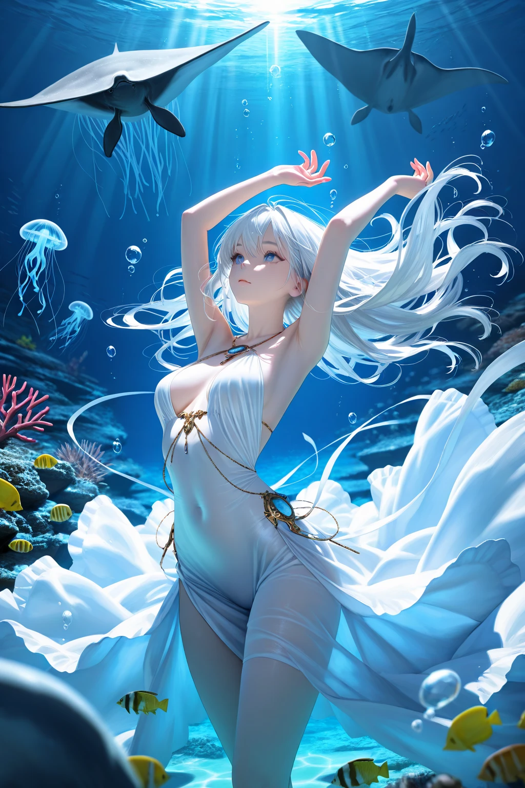 NSFW, s絵xy, erotic, A breathtakingly beautiful and graceful mermaid with flowing, shimmering scales and long, wavy hair, swimming playfully in crystal-clear water in a realistic anime style. Her hair and scales are glossy and radiant, reflecting the light. Her skin is smooth and flawless. She is in a dynamic pose, gracefully twisting and turning in the water. One hand reaches out towards the viewer, while her other arm elegantly extends behind her. Her tail is arched, creating a sense of movement and energy. The underwater scene is a serene, crystal-clear lagoon with soft sand and vibrant coral reefs. Various colorful fish swim around, adding life and movement to the scene. Gentle bubbles rise from the sandy bottom, and natural sunlight filters through the water, creating dancing patterns of light on the mermaid and the surrounding water. The lighting emphasizes the iridescent quality of her scales and the translucency of her fins, with a gentle glow surrounding her, enhancing her enchanting presence, rendered in a realistic anime style.
