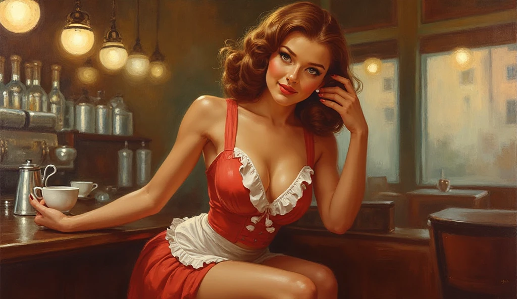 a waitress, pinup, art style, kodak portra 400, cinematic, (smiling:0.6), (closeup:0.8), professional photography, correct exposure, art by Jeremy Mann and Greg Manchess and Antonio Moro, fantasy, artstation, art by Brian Froud and James Jean and Krenz Cushart