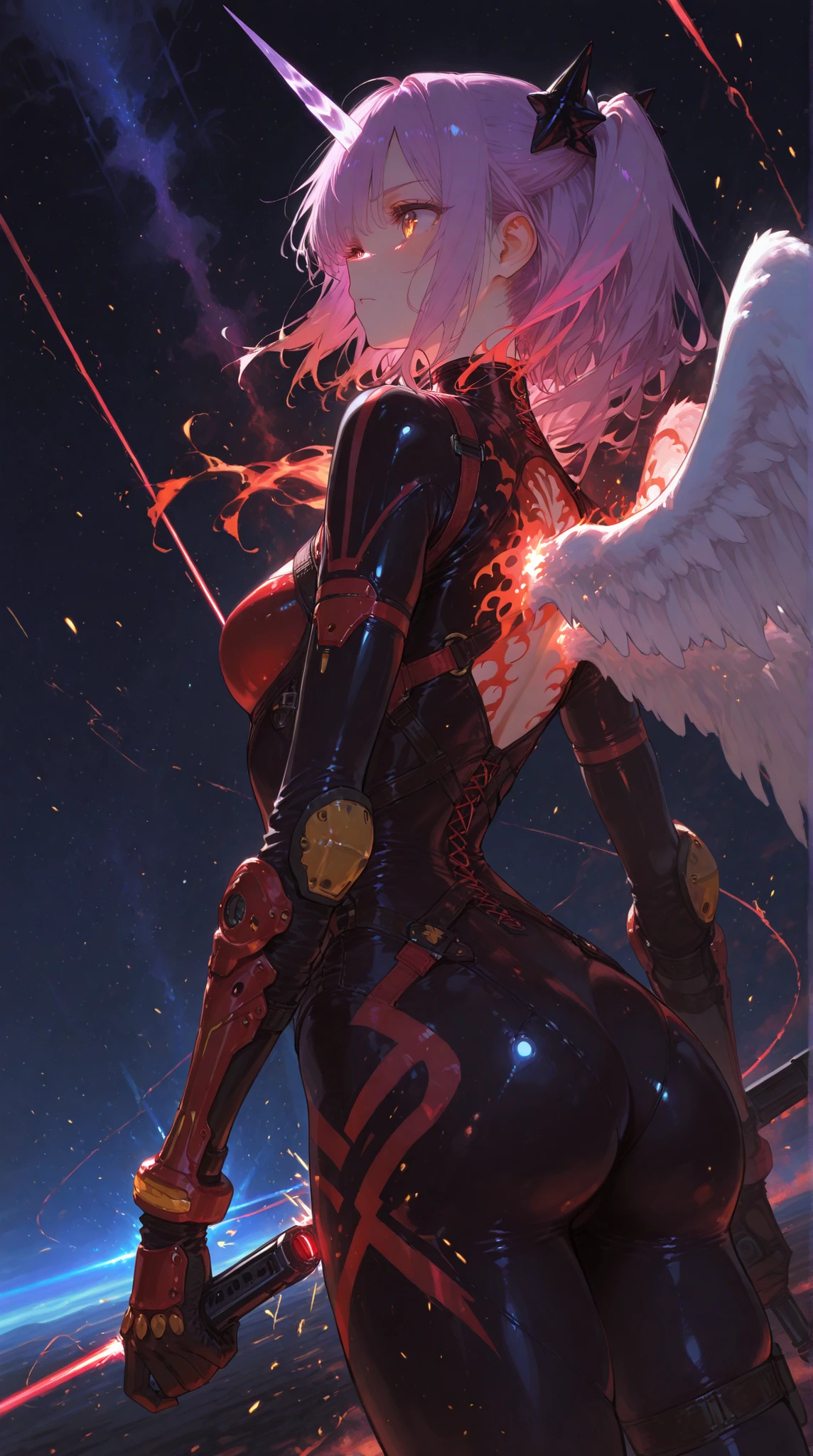 Close Combat、female warrior in tight suit、Shining Unicorn Horn、Angel Wings Effects、High Speed Battle、Laser Attack Trails、Gunfight Sparks、Deep Space Scenery、Blue Beam Light Traces、Red Burning Aura