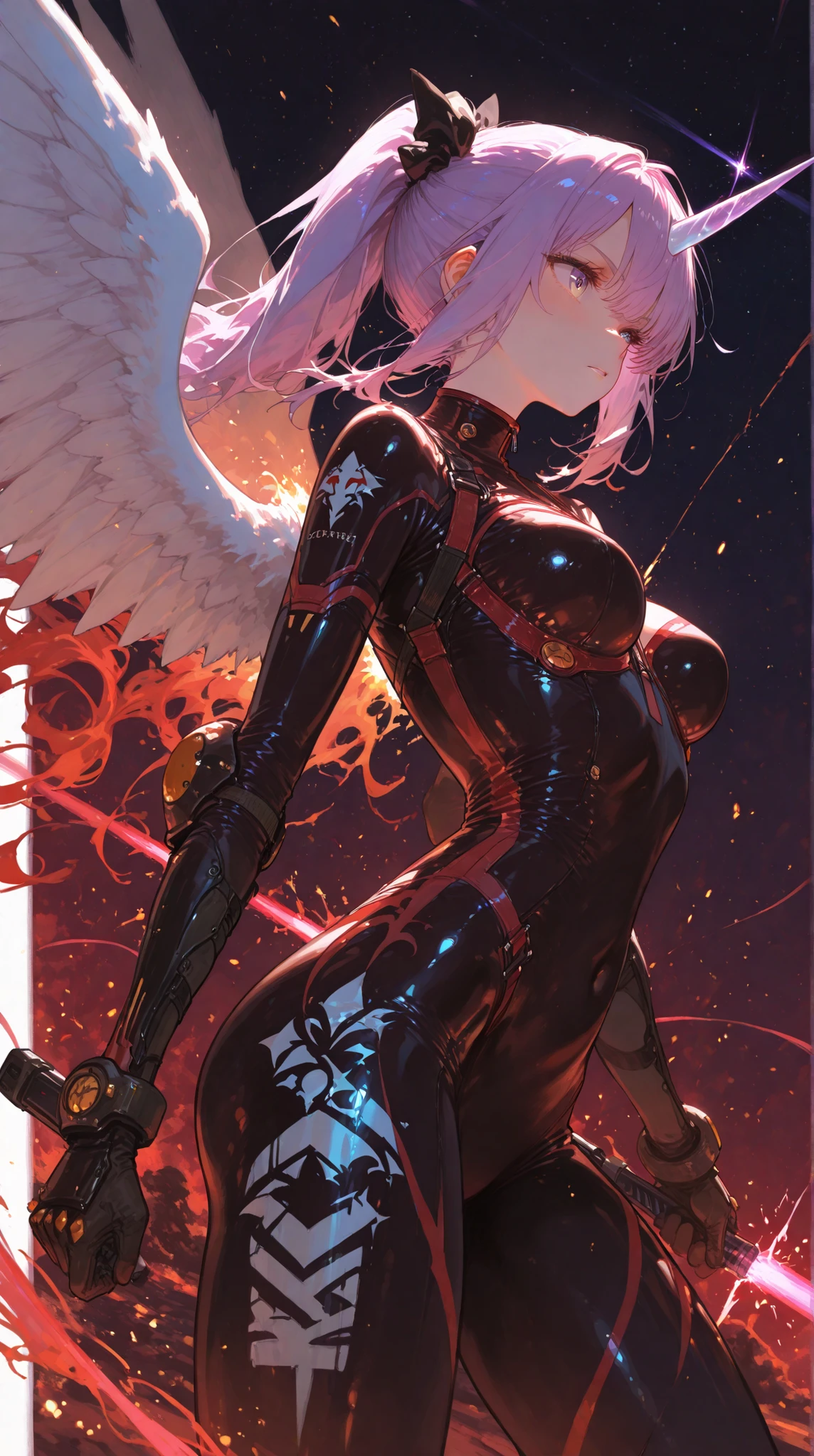 Close Combat、female warrior in tight suit、Shining Unicorn Horn、Angel Wings Effects、High Speed Battle、Laser Attack Trails、Gunfight Sparks、Deep Space Scenery、Blue Beam Light Traces、Red Burning Aura