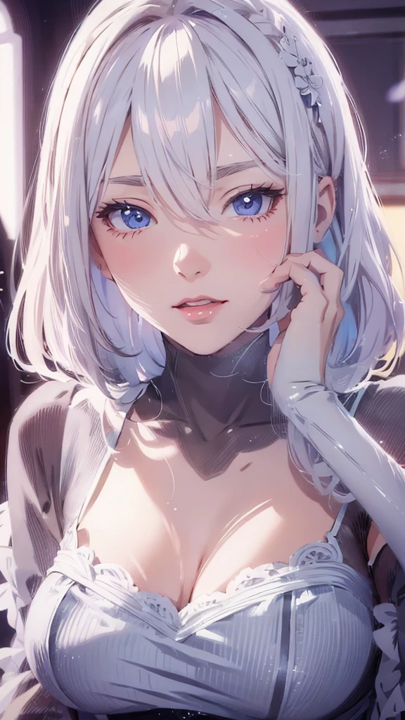 (( upper body, leaning forward, standing,)) (photorealistic:1.3), medium breasts, masterpiece, best quality, (intricate details:1.2), (scenery:1.11), solo, face focus, close up, ultra high res, right anatomy, detailed skin, beautiful face, 1 girl, mini suit, shy, part lips, cleavage, Mini dress, blue top hat:1.3, thigh straps, blue eyes, water, drop of water around her, cinematic lighting, white shorts, detailed anime eyes, (look at veiwer:1.2), (bedroom in the background), light flow,
