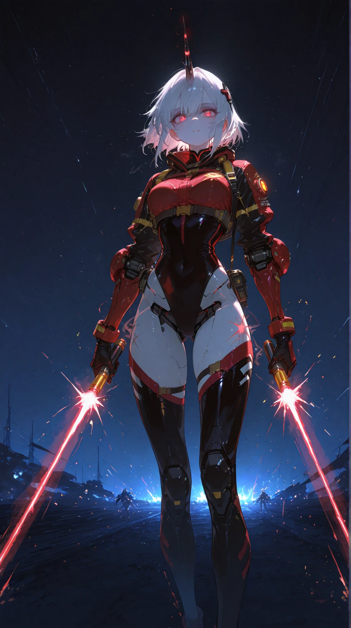 battle scene、female pilot with a slender figure、glowing unicorn horn、afterimage effects、brilliant mobile combat、flash of laser beam、Live bullet launch marks、Jet Black Space Background、afterimage of pale light、glow of red psycho frames