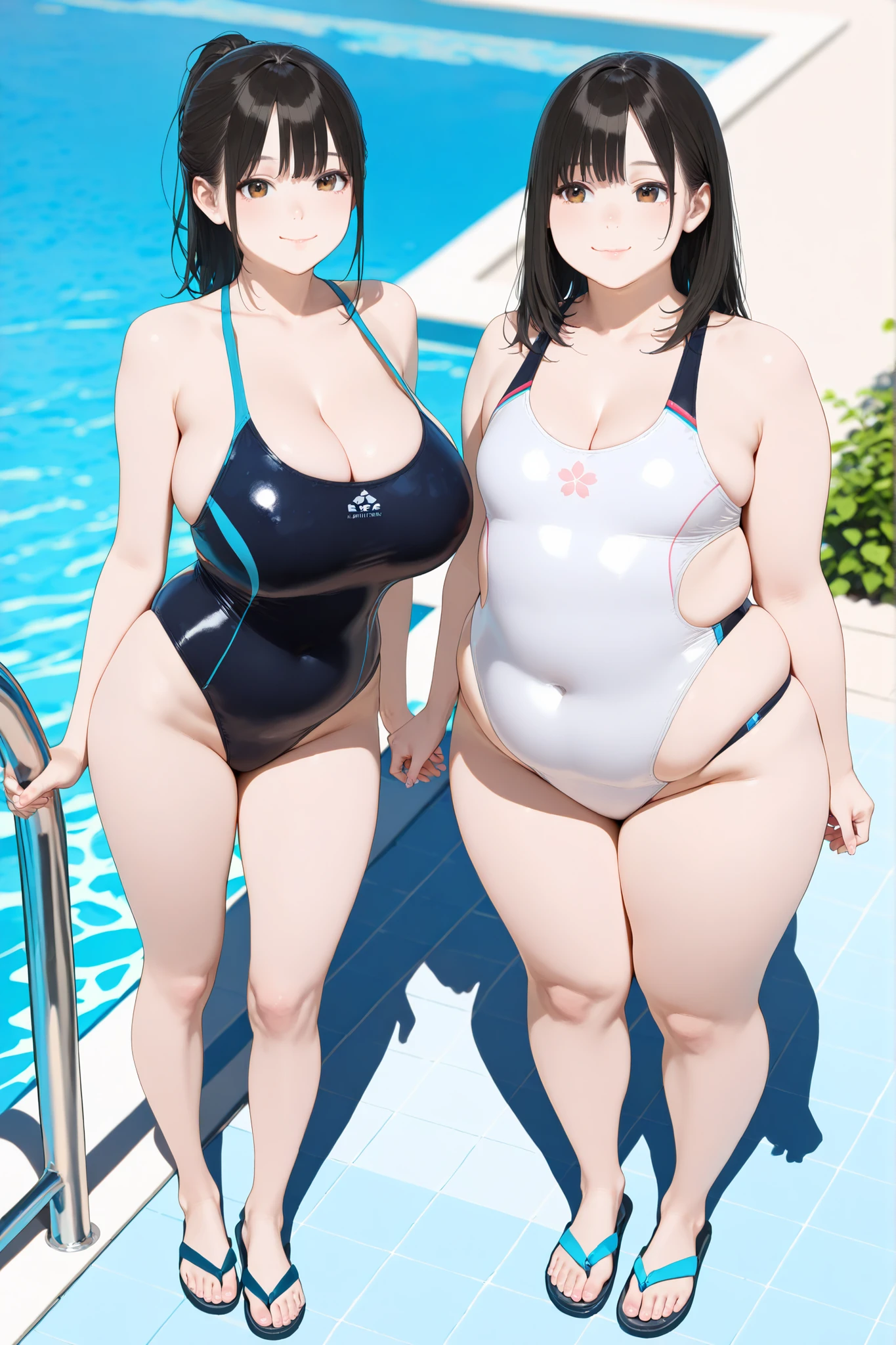 (((kipteitei art))), Masterpiece, high quality, best quality, beautiful, HD, perfect lighting, detailed face, ultra cute face, detailed body, ((2girls)), medium hair, messy hair, ponytail, green eyes, looking at viewer, nervous smile, sexually suggestive, ((masochism)), (embarrassed), (((aroused))), sweating, ((blush)) large breasts, cleavage, covering, perky breasts, ((massive hips)), (((thick thighs))), (((thicc))), ((self fondle)), ((((ass grab)))), ((((belly grab)))), (she has a jiggly fat belly), (((chubby))), ((chubby belly)), ((((fat folds)))), belly hang, bikini, ((undersized bikini)), in public pool, facing to the side, dynamic angle, ((2 girls standing next to each other)), she is embarrassed but it turns her on,