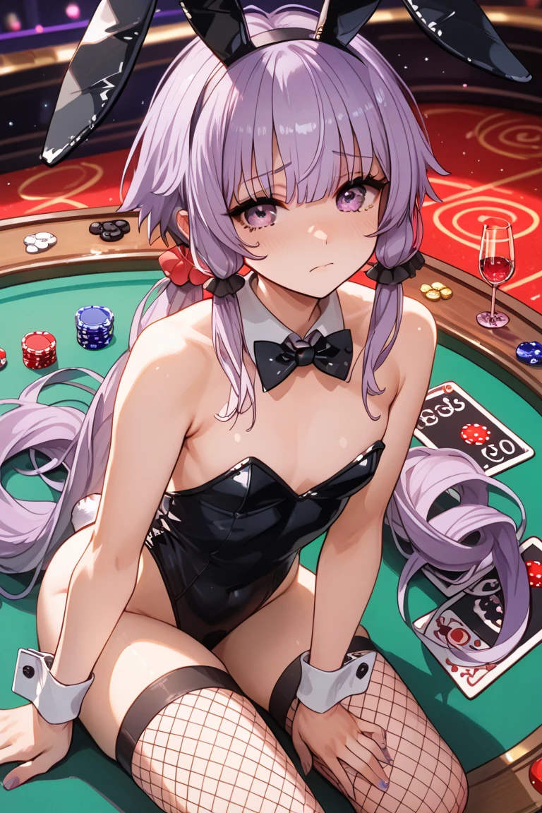 NSFW,masterpiece,Highest quality,High resolution,Very detailed,white\(no game No life\),Small breasts,ponytail,Bunny ears,Playboy Bunny,casino,Holding Tray,Dissatisfied face,blush,Are standing
