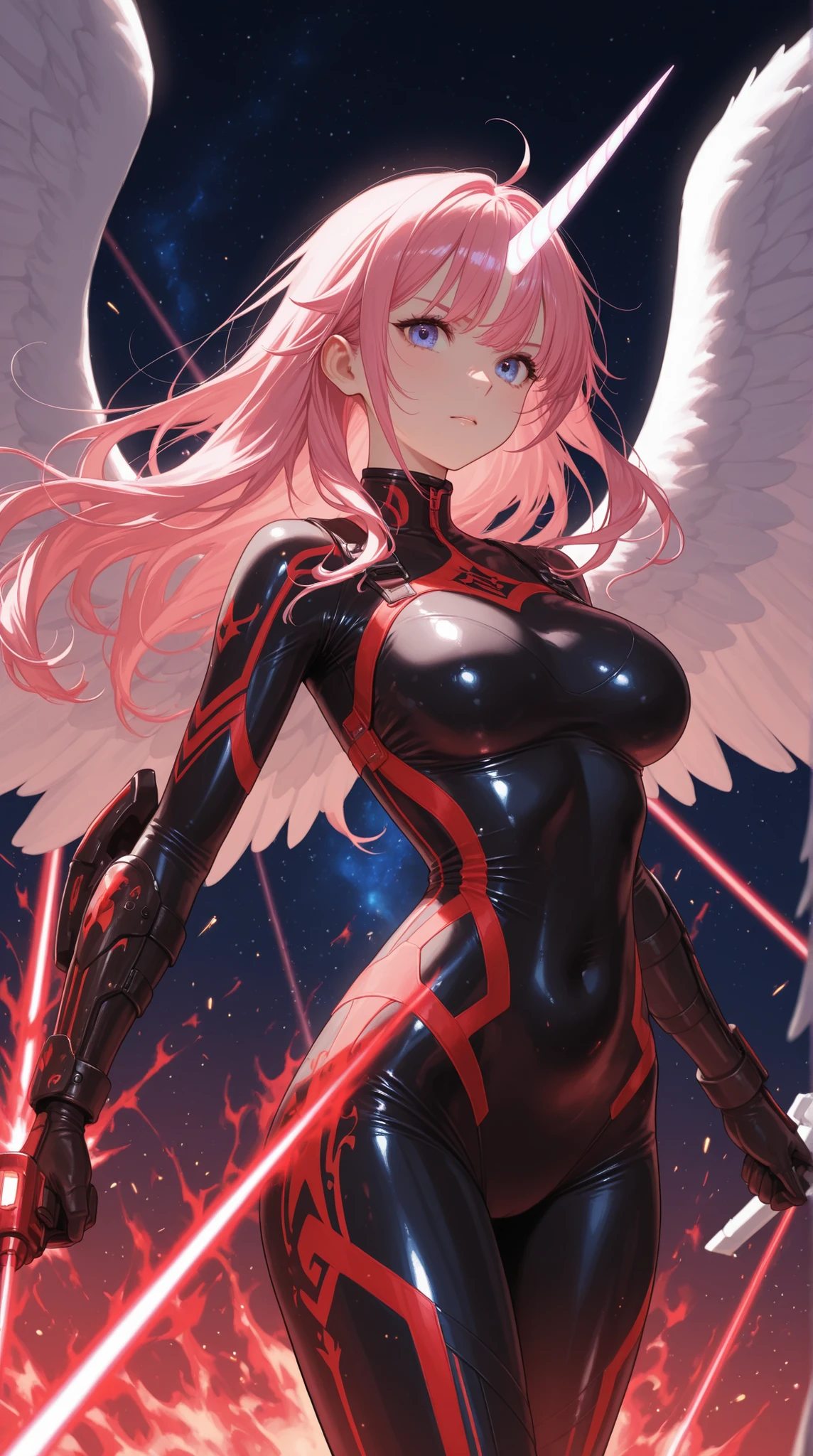 Close Combat、female warrior in tight suit、Shining Unicorn Horn、Angel Wings Effects、High Speed Battle、Laser Attack Trails、Gunfight Sparks、Deep Space Scenery、Blue Beam Light Traces、Red Burning Aura