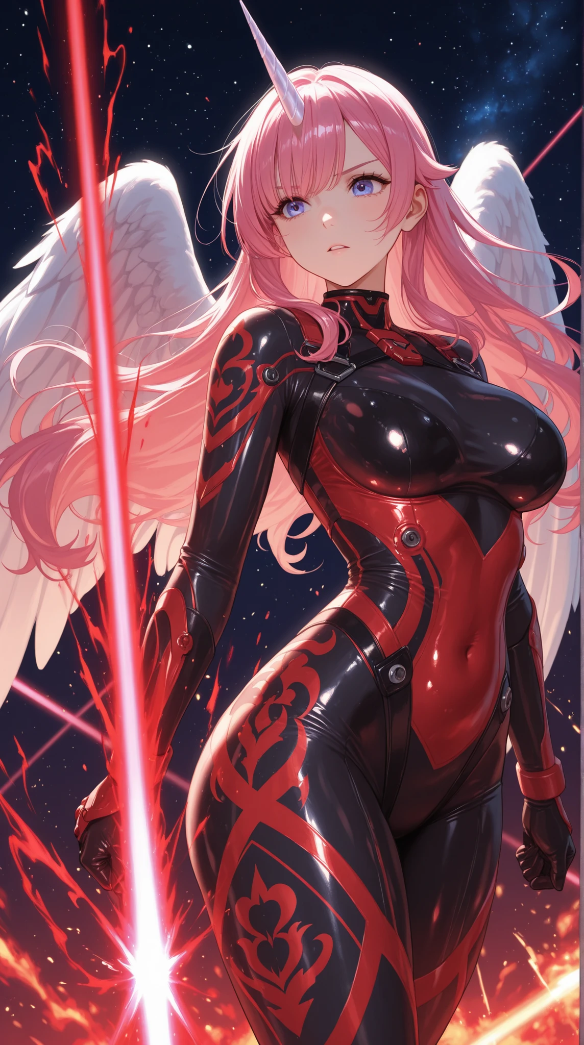 Close Combat、female warrior in tight suit、Shining Unicorn Horn、Angel Wings Effects、High Speed Battle、Laser Attack Trails、Gunfight Sparks、Deep Space Scenery、Blue Beam Light Traces、Red Burning Aura
