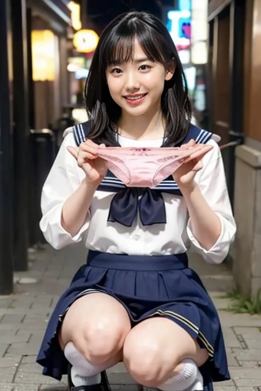 Highest quality, masterpiece, Ultra-high resolution, (reality: 1.4), Original photo, 1 female, mature, smile, Cinema Lighting, Exact finger count、Exact number of legs、(Exact number of arms:1.0, Exact number of hands:1.0), (Perfect hands, Perfect Anatomy), Cinematic, reality的, Extremely detailed CG, night lighting, Perfect lighting, Best Shadow, The best natural light, smile, ((Woman showing off her panties:1.3)), (school uniform, Sailor suit, Knee-high socks, loafers), Precise panties, Feeling embarrassed, (blush:1.2), (Embarrassed expression:1.4), Angle from the front,12 Talents