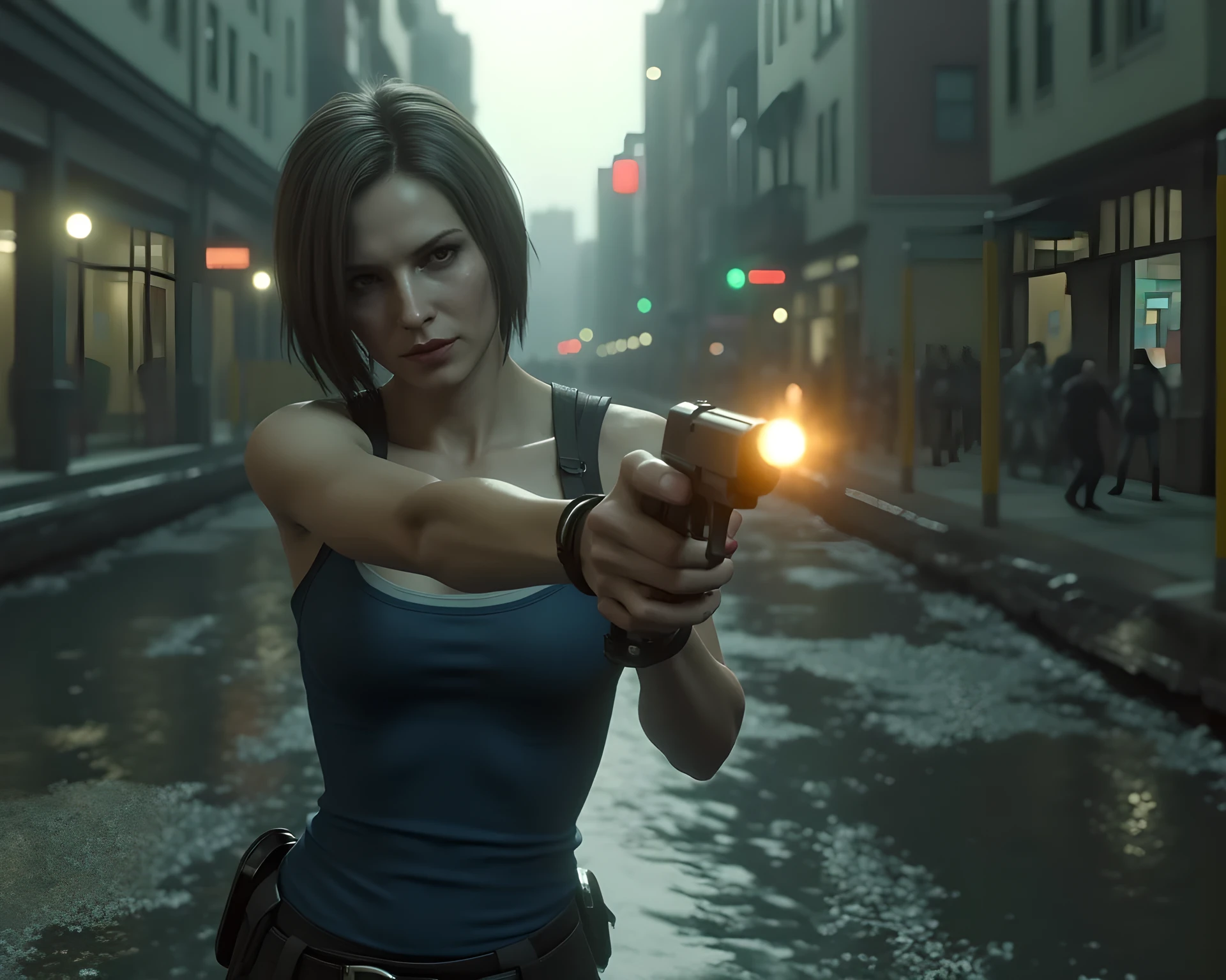 Beauty Jill Valentine,(resident evil 3 game artwork),(landscape Environmental camera wide angle perspective scenery:busty jill valentine:racoon City:she is holding, pointing, and aiming a handgun to the viewers),she is wearing combative blue tanktop, dynamic firearm shoot body pose,((loads of zombie chasing on the background:1.3)),realistically fullest depth,racoon City nightmare on the background,(wide panoramic angle|hyperrealistic:river the scenery),(Cinematography:accurately prompt depicted),,(noise offset),best documentary photo,(balancing image composition),(octane 3d rendering|nikon:1.3),(ultra realistic lifelike texture),(best photography composition),(best image aperture),(full details depth of field),(dynamic shutter speed),(RAW photo image),(photorealistic|photorealism:hyperrealism style),(realistic depth 3d style:cgi:1.3),ghostpunk ai,ravepunk Ai,(trending on cgsociety:devianart),(sdxl v2),digital art,best mixed lighting concept,realistic fixed human body and hands anatomy, inspired by resident_evil game.