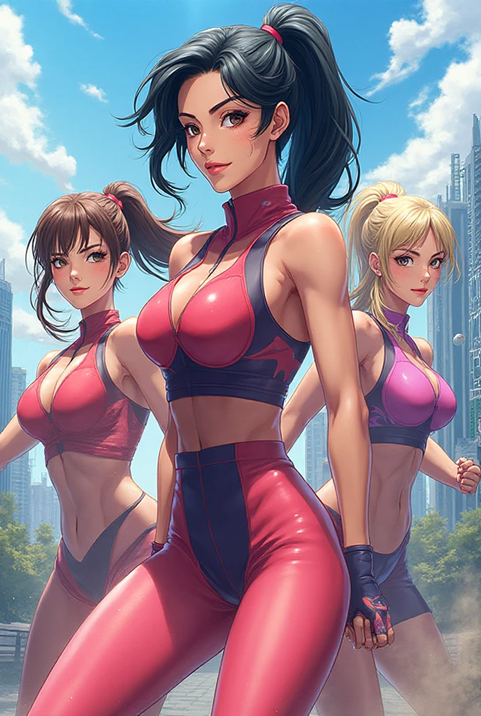 NSFW , In the Jungle , Small woman and big woman , Fullbody shot , Wear Monokini swimsuit with pantyhose , Female boxing Face to face, So huge breasts.
