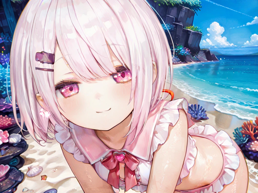 Big background,Beach during the day,down view,An underage girl with long pink hair(lies on the ground,Whole body diagram,Long pink hair,Pink double ponytail,Pale pink eyes,shyexpression,Cat ears,gigantic cleavage breasts,There are no clothes on the lower body,Bare lower body,Facing the lens,Private areas exposed,The lower body is naked,female genital,Slightly chubby body,Seductive body,A white viscous liquid flows from the female genitalia,white stockings,Masturbation,Masturbating in public,Malu,vaginal dilation)