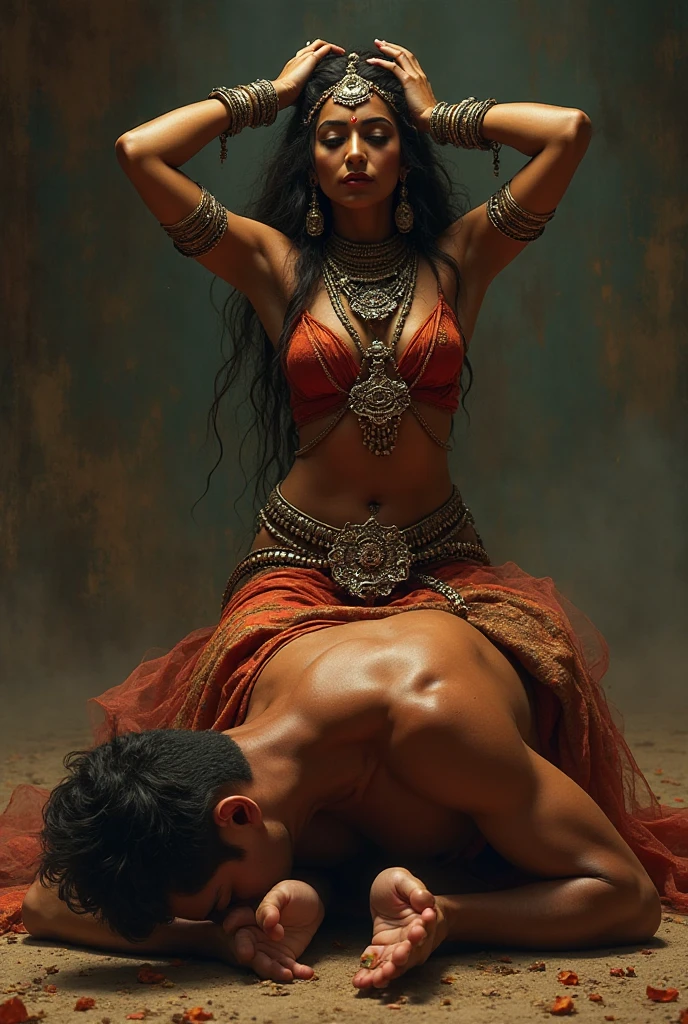 Jeune femme maghrébine à quatre pattes levant les yeux pour voir son maître elle a une laisse autour du coup tenu par un homme debout qu’on ne voit pas dans l’image
