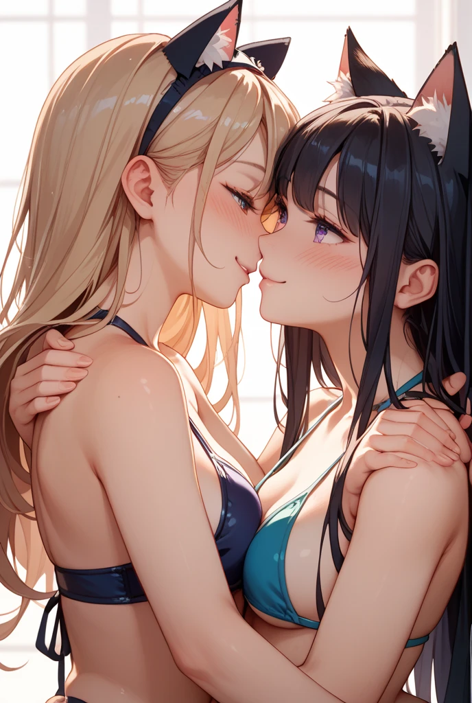 (best quality masterpiece:1), 8k, (detailed shoujo manga style:1), 2girls, beautiful, yuri, couple, romantic, black and blonde girls, long hair, lingeries, new year, early morning, sunrise background