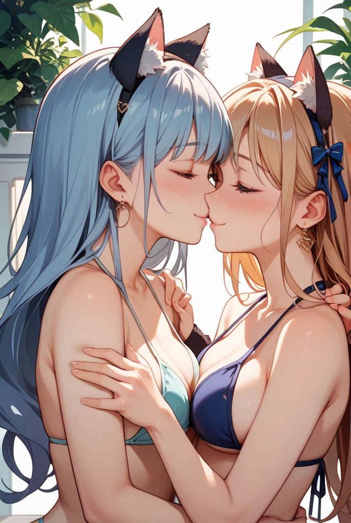 (best quality, masterpiece), (extremely detailed:1.3), 8k, (2girl), scenery, HDR, pastel colors, water, pond, bathing, skinship, 2girls bathing, washing each others, (nude:1.2), water, splashing, active pose, (breast press:1.4), (soap bubbles, bubbles:1.3), (looking at another:1.3),, hair over eyes, covered eyes, blunt bangs, low twintails, twin drills,