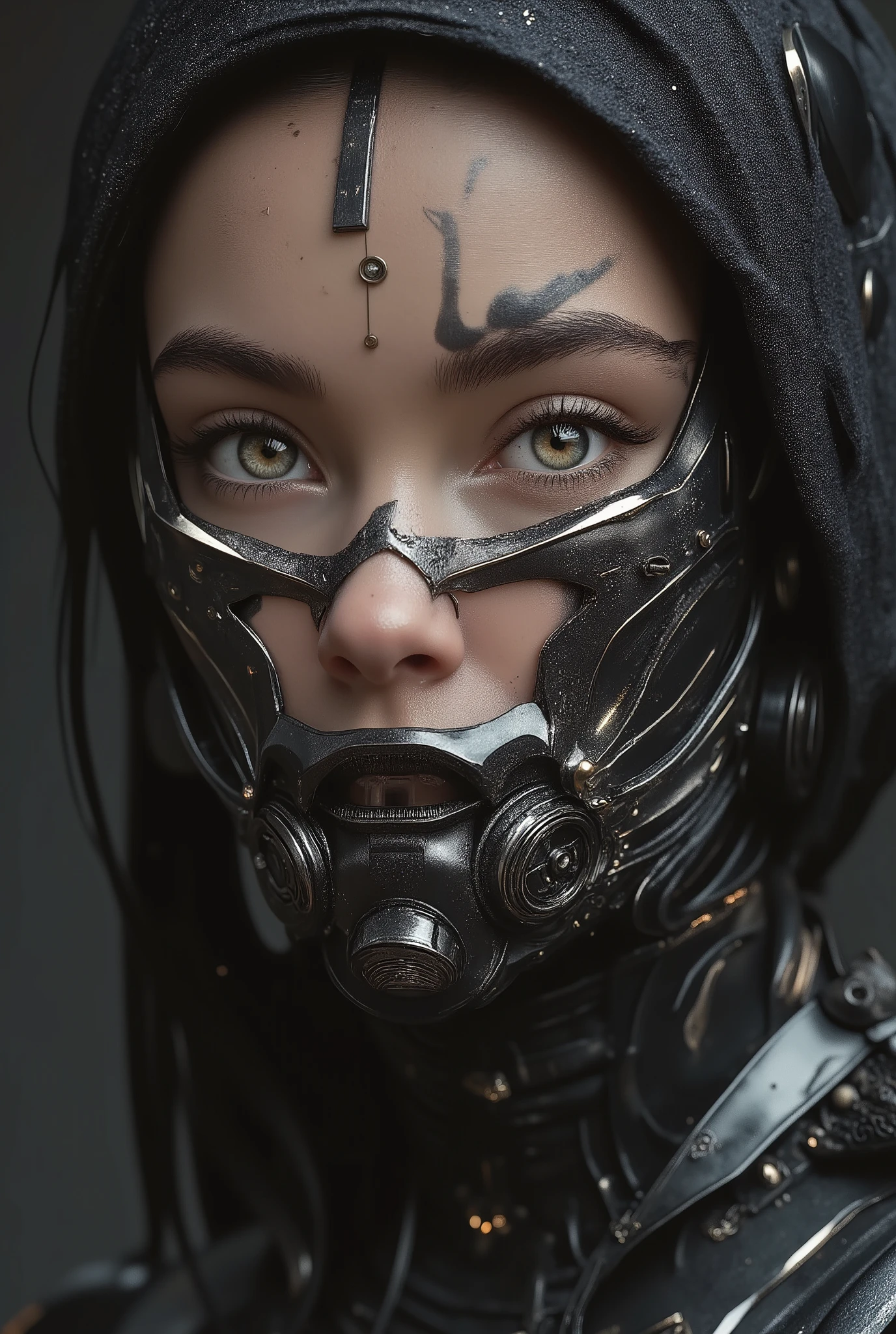 Create a portrait of a soldier from the future, detailed in the highest quality, with ultra-detailed visuals reminiscent of a masterpiece. The composition should balance white and dark elements, featuring the most impressive shadows. This professional artwork should be of a resolution high enough to be considered gallery-worthy, characteristic of those created by famous artists.
The soldier, a truly Sci-Fi archetype, boasts extraordinarily detailed and beautiful eyes, placed centrally in a close-up to emphasize their uniqueness. Their eyes hold cosmic, space-like qualities with colored sclera and robotic, fractalized designs that suggest advanced technology or an evolutionary leap. The gaze is intense and focused, capturing the viewer's attention instantly.
Facial markings or tattoos should adorn the soldier's visage, hinting at a story of valor and a life lived bravely. The close-up cleavage in the armor reveals expert craftsmanship, blending the futuristic aesthetic with functionality.
Please include a full-body close-up portrait that captures the intricacies of the soldier's attire, standing as if ready for an interstellar conflict. The overall look should be imposing and awe-inspiring, signifying the soldier's status not just as a warrior but as an icon of futuristic conflict resolution, akin to the portrayal of a deity like the Hecate goddess or a Norse moon goddess, imbuing them with an aura of being the goddess of space and time