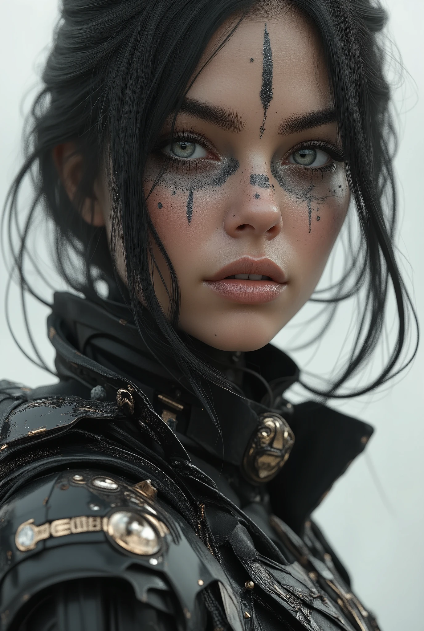 Create a portrait of a soldier from the future, detailed in the highest quality, with ultra-detailed visuals reminiscent of a masterpiece. The composition should balance white and dark elements, featuring the most impressive shadows. This professional artwork should be of a resolution high enough to be considered gallery-worthy, characteristic of those created by famous artists.
The soldier, a truly Sci-Fi archetype, boasts extraordinarily detailed and beautiful eyes, placed centrally in a close-up to emphasize their uniqueness. Their eyes hold cosmic, space-like qualities with colored sclera and robotic, fractalized designs that suggest advanced technology or an evolutionary leap. The gaze is intense and focused, capturing the viewer's attention instantly.
Facial markings or tattoos should adorn the soldier's visage, hinting at a story of valor and a life lived bravely. The close-up cleavage in the armor reveals expert craftsmanship, blending the futuristic aesthetic with functionality.
Please include a full-body close-up portrait that captures the intricacies of the soldier's attire, standing as if ready for an interstellar conflict. The overall look should be imposing and awe-inspiring, signifying the soldier's status not just as a warrior but as an icon of futuristic conflict resolution, akin to the portrayal of a deity like the Hecate goddess or a Norse moon goddess, imbuing them with an aura of being the goddess of space and time