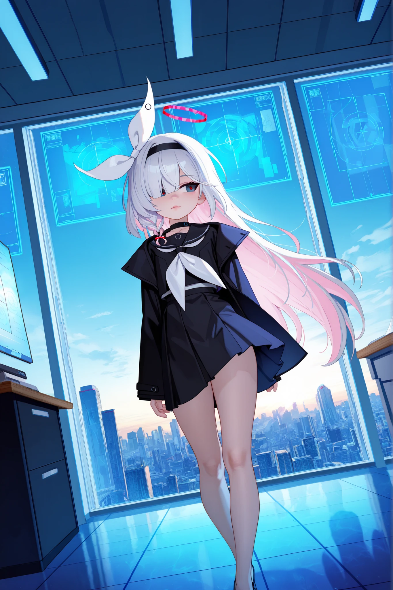 (masterpiece), @bluearchive_official, high res, 4k, UHD, perfect artwork, busty girl, cute, plana(blue_archive), lips, uniform, solo, perfect lighting, thin clothes, thighs, petite, young, sfw, office, monitor, sky scrapper, characteristic holographic screens, schale academy office, futuristic classroom, digital interface displays, blue holographic projections, modern interior, floor-to-ceiling windows, cityscape view, sensei's office, clean minimalist design, floating data panels, ambient lighting, professional atmosphere, computer terminals, afternoon sunlight, detailed architectural elements, precise linework, official art style, academy technology, soft shadows, clean rendering, dynamic angle, scene shot, looking away