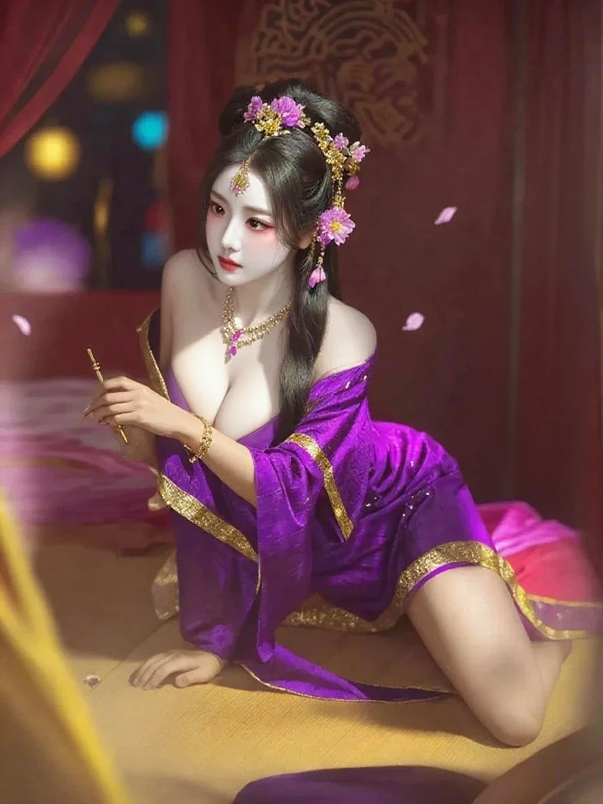 Purple Hair,Purple Eyes,master,Purple clothes,She wore a jade lotus hairpin in her hair.,Wearing a lavender wide-sleeved plain fairy dress,She was a vision of ethereal beauty, a divine being, but also a woman of incomparable loveliness.。Her skin was like congealed fat, pure white jade.,She seemed as delicate as if she could be pierced by a puff of air,;Her face was as delicate as a lotus bud, beautiful and peerless.,Her lips were like cherry blossoms, moist and luscious.,all incredibly alluring.。Her two curved eyebrows,,her distant mountain-like brows painted with a touch of green.;a pair of peach blossom eyes with a playful glint,,Her eyes, clear as autumn water, were moist and bright,。Even with her ethereal, god-like beauty, her bones like jade,,Hibiscus is like a face, and the willow is like an eyebrow。not the slightest exaggeration.。Even when sitting,,it was hard to ignore her perfect figure, with a voluptuous chest and a rounded rear.。Her shoulders seemed to have been carved.,her full, rounded breasts,,Her waist was as thin as a willow branch, a mere handspan around.,The beautiful curves of her hips and legs were faintly visible.。