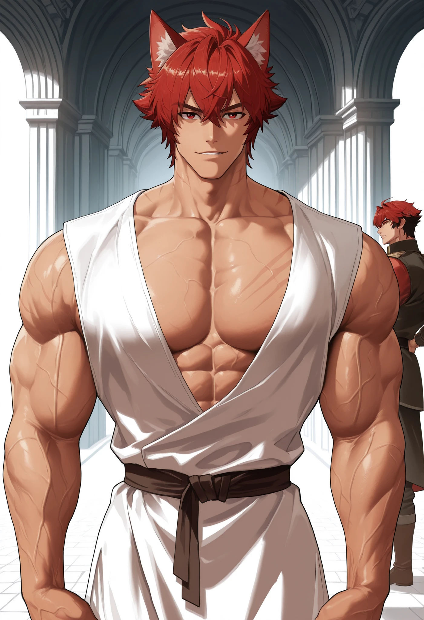 A men Komano Manato ZZZ, wolf ears, top view, in a Greek palace  , wearing a white Greek tunic, tunic like that of the Greek gods  ,seductive expression , visible muscles veins , natural light , short haircut, black and red hair , red Eyes, Light skin. Trending on bbwchan, inspired by Abdullah Gërguri, perfect muscle structure, muscular men, very attractive men, alone, muscular musculature, , beautiful musculature, aesthetic stretch marks, inspiring physique, lean musculature, square pecs, beautiful v-shape, great abs and torso, (male face) chiseled abs, chiseled pecs, with his black and red military haircut and voluminous neck, narrow waist, human, attractive face, masculine face. Looking at the viewer, a men who presence inspires confidence and respect. 