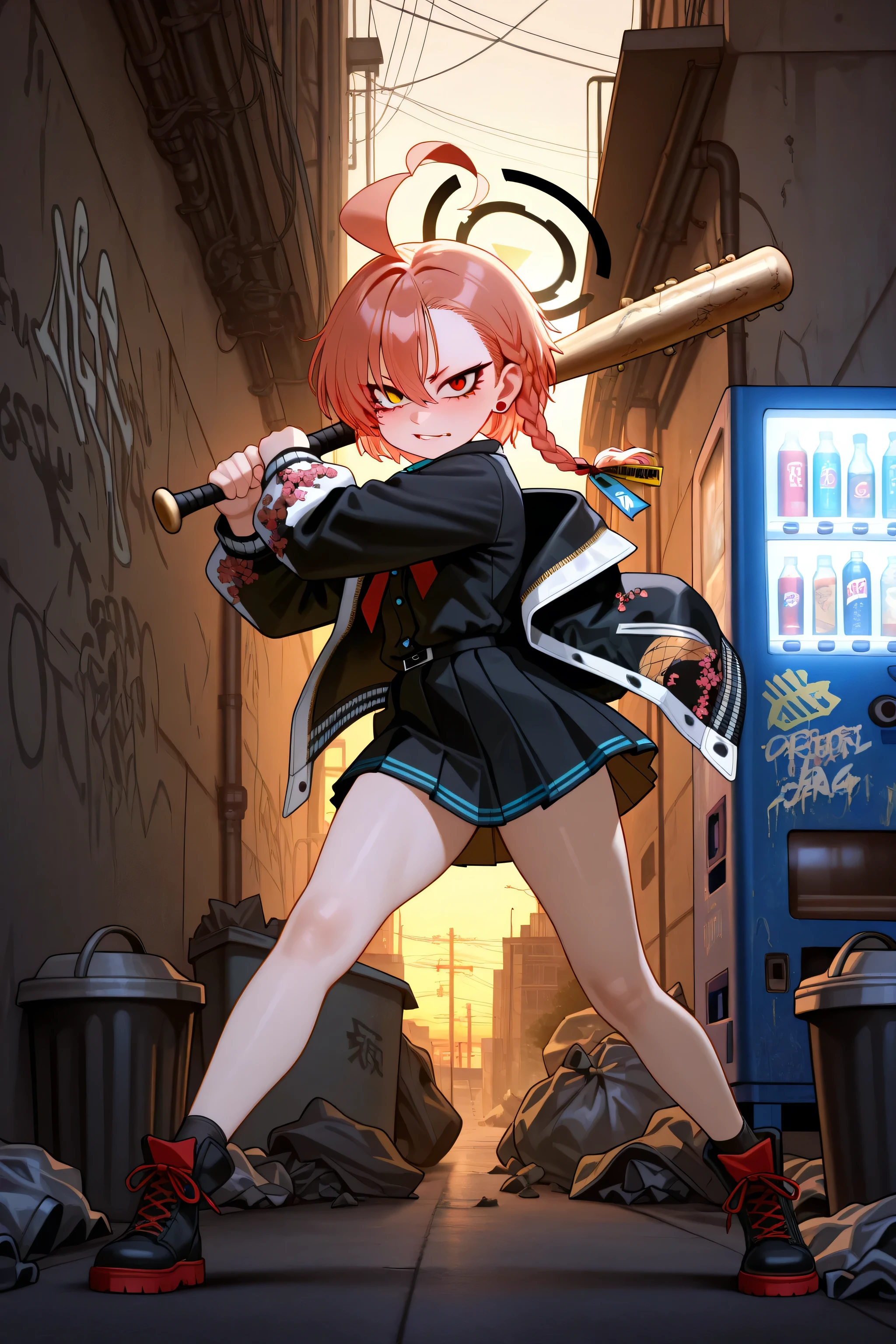 (masterpiece), @bluearchive_official, high res, 4k, UHD, busty girl, cute, neru(blue_archive), lips, solo, perfect lighting, thin clothes, thighs, petite, young, sfw, sharp yellow eyes, fierce expression, black seifuku uniform, red tie, black pleated skirt, thigh high socks, combat boots, athletic build, Cleaning&Clearing squad leader, urban environment, back alley setting, industrial district, graffiti walls, holding modified baseball bat, casual fighting stance, delinquent aura, sunset lighting, scattered trash cans, vending machines, chain-link fences, concrete walls, street signs, power lines overhead, dynamic pose, slight wind effect, official art style, detailed clothing folds, urban decay aesthetic, warm evening atmosphere, industrial elements, Shanhaijing neighborhood, neon signs in background