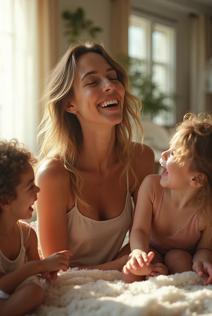 A mother relaxing on the couch with a smile on her face, while a healthy lunch box is ready next door. The environment transmits tranquility and relief, with the children playing happily in the background. The scene is lit up, with soft colors and a cozy atmosphere that reflects calm and satisfaction.
