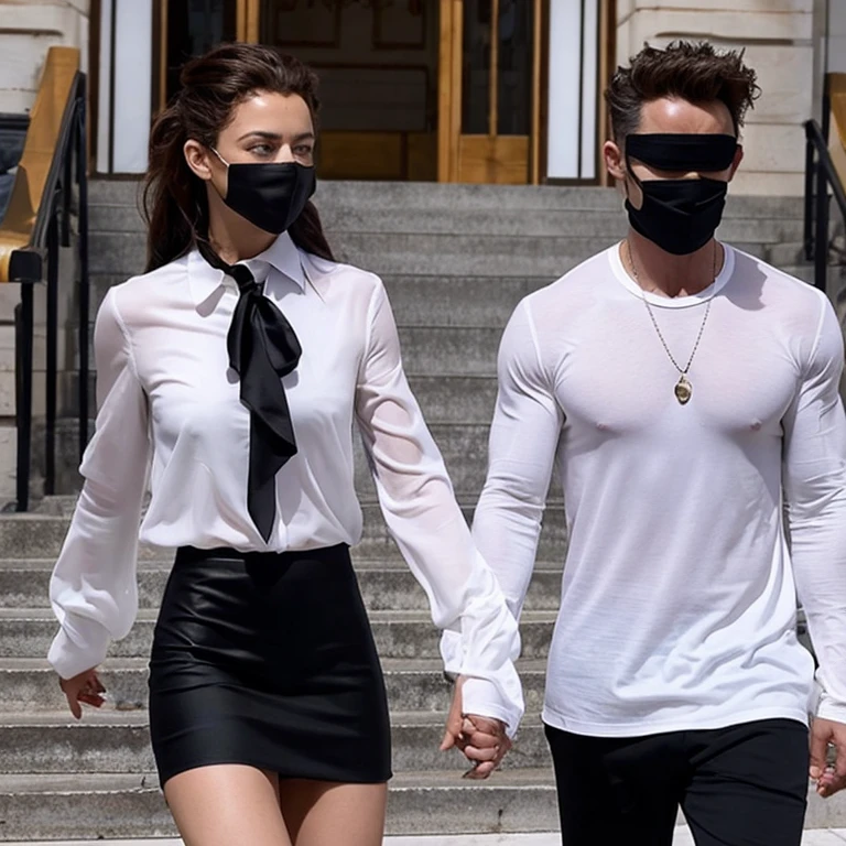 Front view, Full-body, couple is standing pose , on street , in Paris, looking Eiffel Tower, everyone nothing people, 2021 years ,(1 male and 1 female is exist), (1 male Englishman, 1 boy is 50 age old), ( blond hair, long hair, handsome face mask, panic ), English gentleman ( blue suit style, suit , vest, pants, (brown shoes)), 1man and 1 woman is couple, each other love, (A Parisian girl , 18 age, beautiful girl, Parisian girl, 18 years-old, height 175 cm), (light brown hair , blew eye, Buzz cut hair, face mask), (middle breasts, slender whist, middle hip), (White beautiful blouse :1.3), (Red mini skirt: 1.3), (Red enamel Chanel Boots), (small pearl neckless, lady's watch ),looking sky , (super detail, high details, high quality, accurate, anatomically correct, textured skin, beautiful fingers super detail, high details, high quality, best quality),