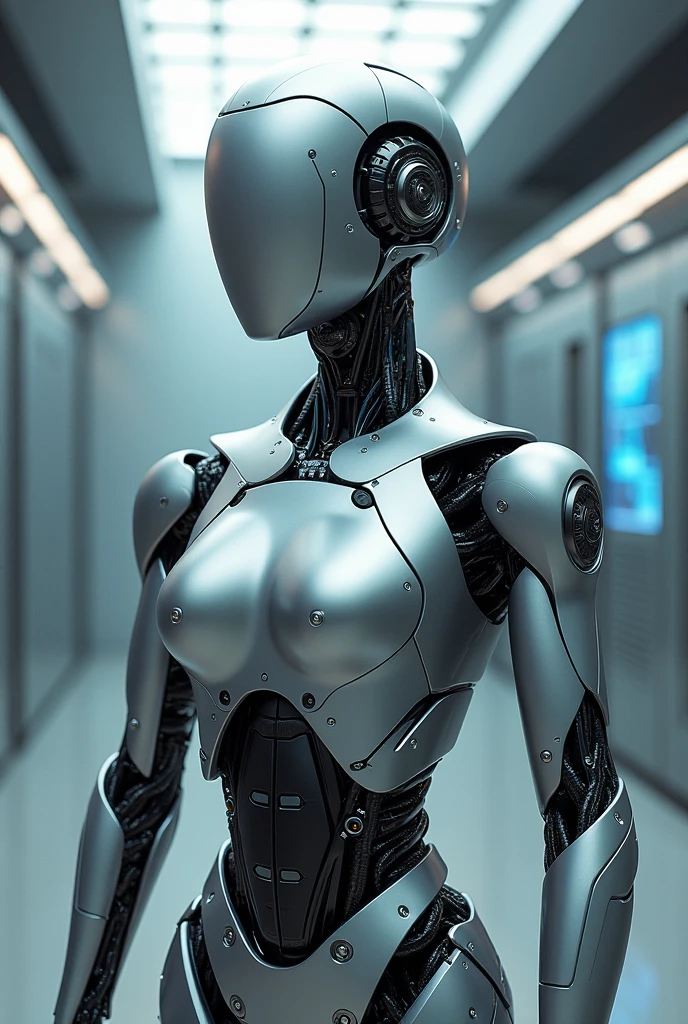 Female Android The figure is glamorous The entire body is covered in a metallic silver reinforced suit. She is facing the screen and looking back at us. His entire face is covered in the same metal as his smooth-looking body, so his expression is hidden. Laboratory-like background