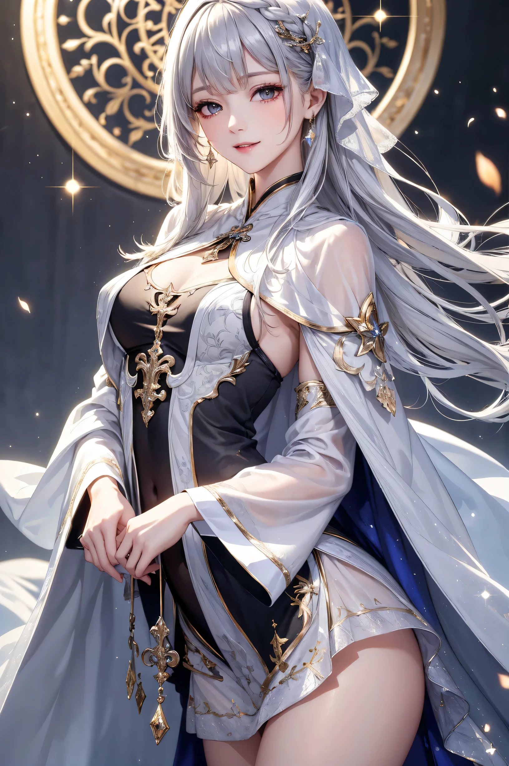 (masterpiece),(4K),high quality,(small breasts),sexy girl、Sexy Saints , Long Silver Hair ,My skin is white,smile, Beautifully detailed gray eyes, ( high-definition and elegant ),( White Capelet Fashion), magical color and atmosphere, detailed skin from sleeve to chest,(Cute sparkle), Particles of Light, The background is softly blurry , Adds a dramatic and symbolic element to the scene, Explanatory border in front of the large end, Bokeh, silky touch , see-through silk, soft, Lightweight clothing、beautiful and neat face、see-through 、 Hyperdetail,creates a dreamy elegant atmosphere