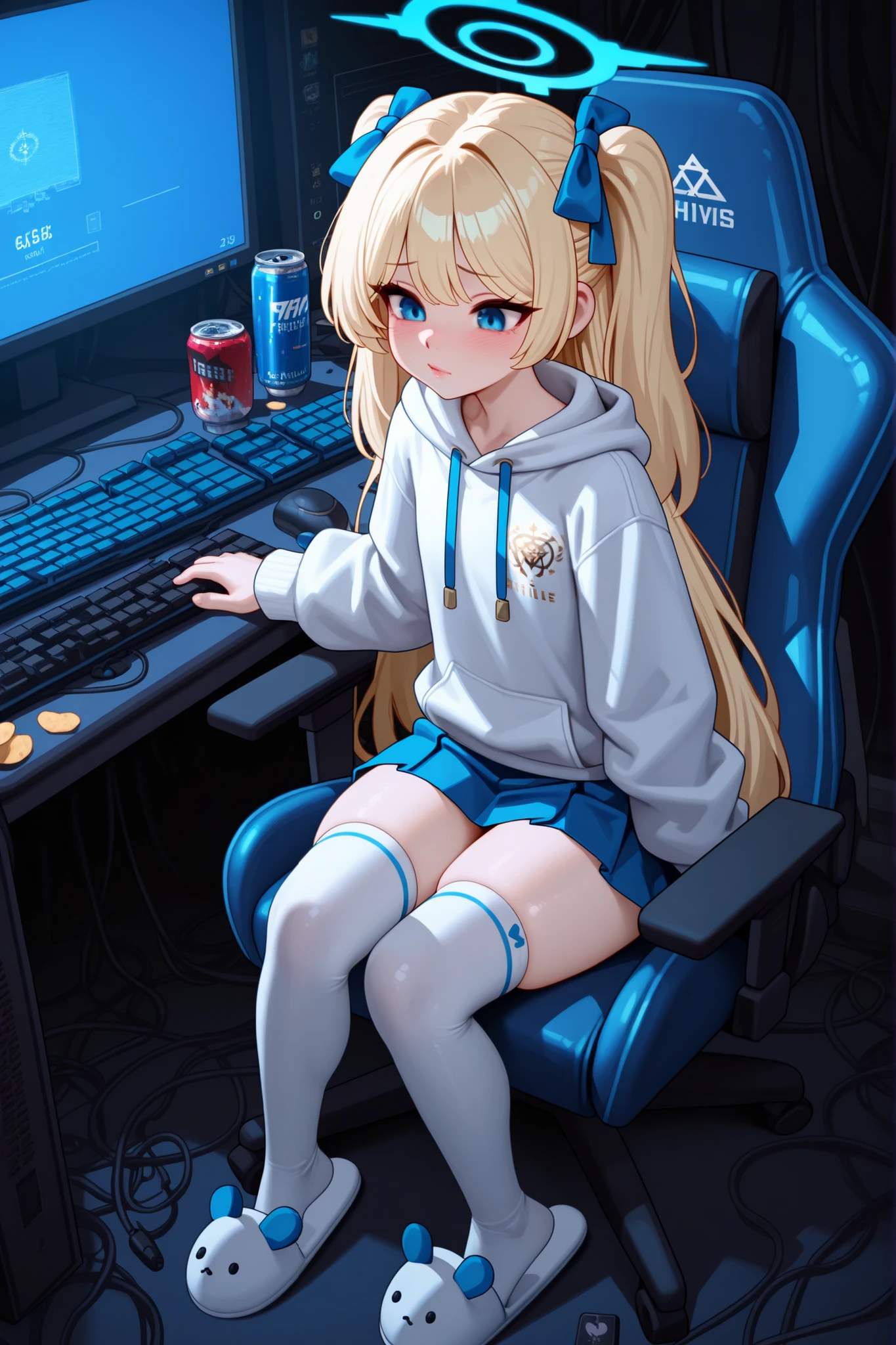 (masterpiece), @bluearchive_official, high res, 4k, UHD, busty girl, cute, arisu,alice(blue_archive), lips, solo, perfect lighting, thin clothes, thighs, petite, young, sfw, game development club uniform, white hoodie, blue skirt, thigh high socks, indoor slippers, sitting position, gaming chair, multiple computer monitors, programming code on screens, energy drinks scattered, potato chip bags, messy desk setup, gaming peripherals, RGB keyboard, gaming mouse, cluttered workspace, game development software visible, debugging console, pixel art sprites, game assets on screen, dark room lighting, blue light from monitors, tired expression, coding atmosphere, computer cables everywhere, reference materials scattered, game design documents, indoor setting
