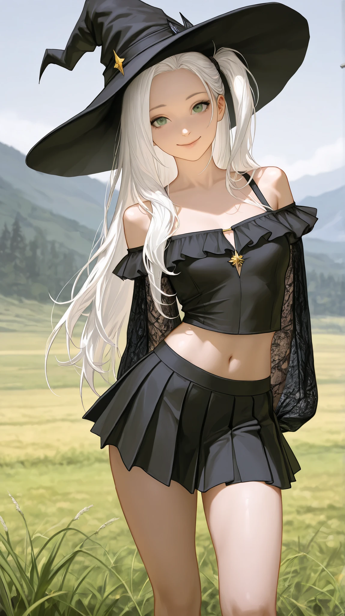masterpiece, best quality, very aesthetic, realistic detailed anime, Sharp Focus, 2ladys, JK, detailed face, detailed green eyes, smile, semi-long hair, white hair silky hair, forehead, sliced back hair, side ponytail, contrapposto, hands behind back, navel, Captivating thighs, knee, sandy road, grass , (black blouse, long and wide mesh fabric sleeves, dropped shoulders, abdomen, pleated skirt), witch suit, pleated skirt, witch hat