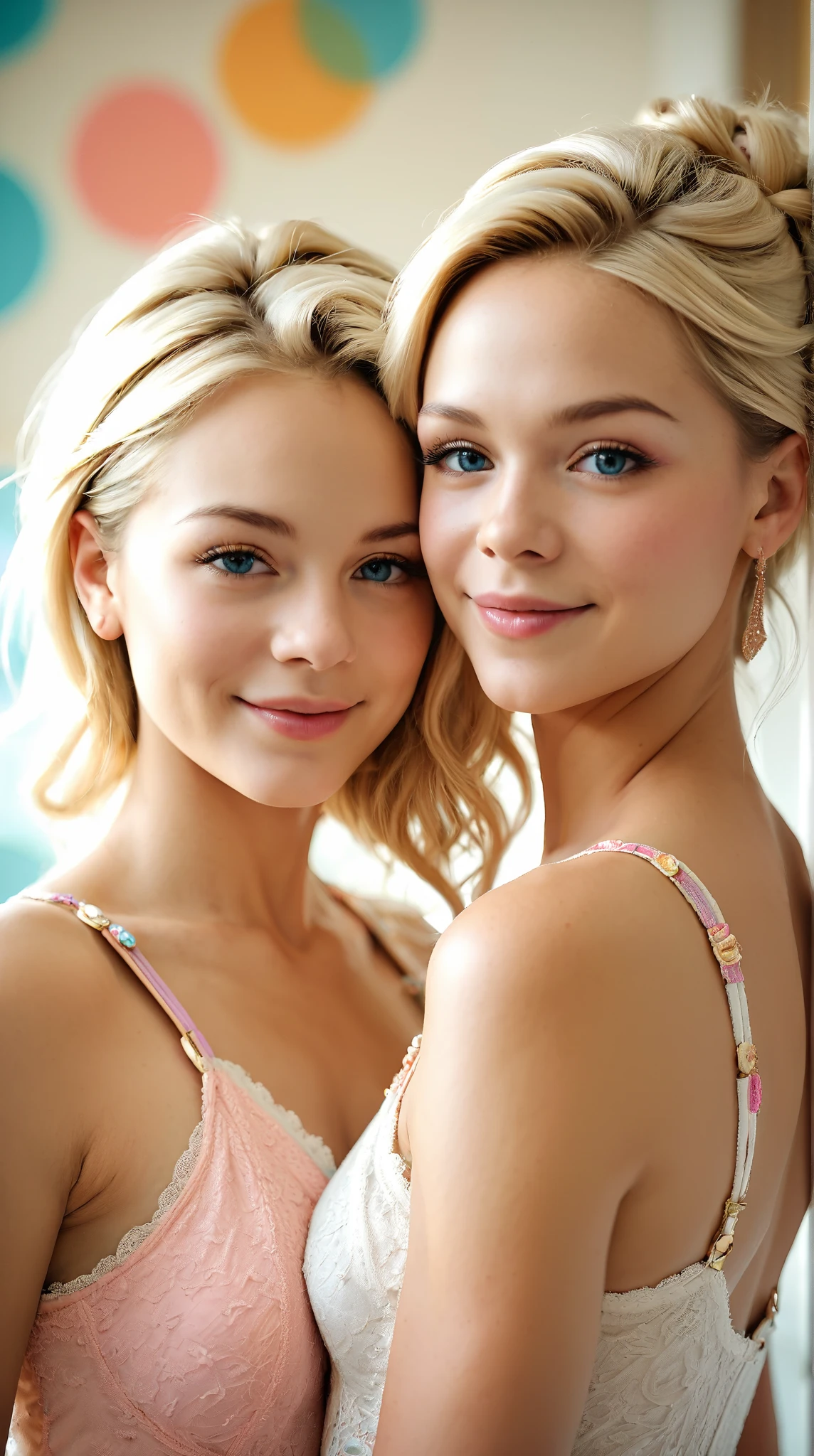 2 blond Czech Womens, very beautiful face, super cute, (Both of Wearing Summer Dresses and Floral Lingerie:1.3), Lying down Flower Carpet, (Holding each other), ((coverd nipple:1.4, The woman above looks very happy)), white shiny skins, short hair and Shoulder-length straight hair, messy hair, romantic ambiance, (Lots of colorful flowers background:1.3), anatomically correct, Both of Erotic face, pale blue eyes, having fun, Sexy Butt, Sweaty body, sexy thighs, sexy body, moderately fleshy body, Realistic texture, natural side lighting, Pink Theme, ((Highly detailed CG, Ultra-realistic, Best Quality, Extremely finely detailed, Ultra-high resolution)), Scene of Happiness