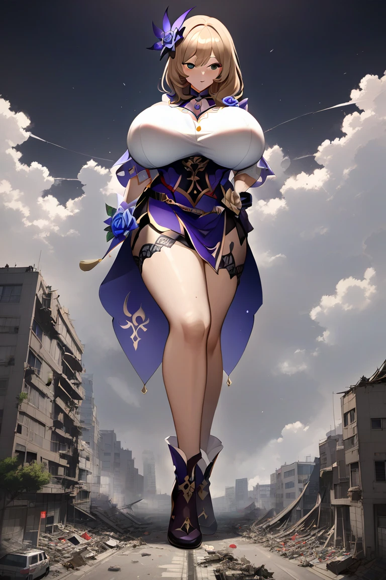 Giantess,(taller then a mountain),giga size,looming over a city,full body, Masterpiece:1.2, high quality, best quality, high resolution, detailed,lisa genshin impact, medium brown hair, blue eyes, head tilt,closed eyes,evil smile, (detailed face), ((sharp focus)), (full body shot),bottom heavy,huge ass,(purple bunny suit)