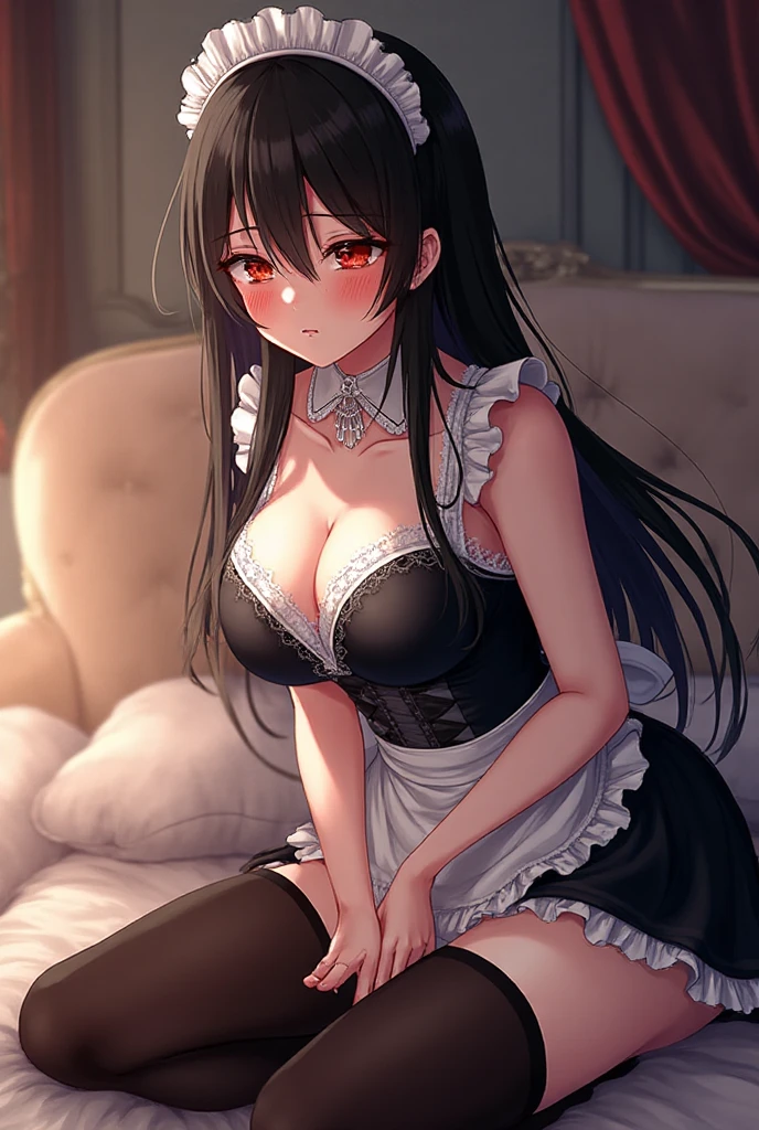 (best quality), (very aesthetic), (ultra-detailed), (best illustration),(realistic), Solo,Kakudate Karin,long hair, large breasts,Bikini Maid blue bra, (frilled bra1.3),waist apron, frilled apron, nose blush, Luxurious room, Luxurious chairs,cowboy shot