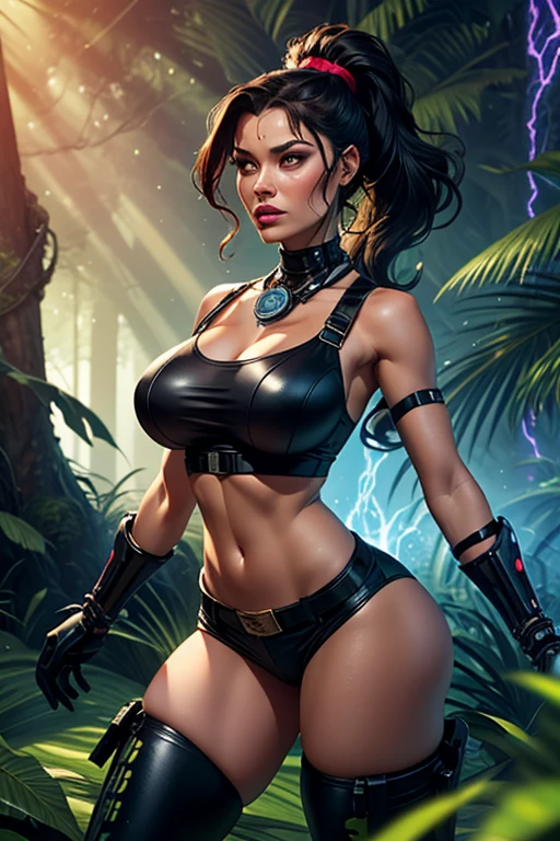 (nsfw:1.2),   (solo), cosplay of beautiful female, mulatto, (adult women, 30 year old), (curvy women, seductive, sex-bomb), chicken, (Meru, Merunyaa:1.2), (devil-women),  (famous beautiful american supermodel:1.2 ),  ( fit, abs),  (busty,Large erect breasts,huge chests,erect nippleslips :1.3), thick thighs,   slim waist, cameltoe, (red hair,redhead), (1long braid), [freckles],   [ Meru | Lara Croft ], (female),(female body),  (muscle body), muscle tummy, seductive body, BREAK
red body, (red burned skin), shining oily skin, [1demon tail], (2short horns), Half-nude,  BREAK
( khaki army shorts:1.2 ),  BREAK 
(open breasts, bare chests, nude boobs :1.2), topless,  ( slim lightblue croptop, underboobs ),  openwork tattoo on the biceps,  BREAK
( pistol-holsters on her both thighs ), (thigh knife strap), wide belt, leather straps on hips and biceps,    
( 1small backpack on her back:1.2), army boots,  black leather tactic fingerless gloves, BREAK
( ((red)) round glasses ),   BREAK
ancient medallion around the neck (between her boobs),
    
(upperbody portrait:1.2),  tomb raider,             
(detailed eyes, detailed cat-pupils, yellow eyes, glowing eyes), BREAK
outdoors,   
ocean tropical beach, shining waterdrops, waves,
Sunday, sunrays, soft shining,  sunburned,  reflections of lights,   
(particles ,firefly,soft blue glowing, bioluminescence ),romantic mood, BREAK
seeker of adventures, tomb raider,

 seduct, serious look, (languid look),  BREAK
beautiful face, face makeup, detailed plump lips, (long eyelashes:0),      BREAK,  (next to the jaguar), BREAK,
(masterpiece, best quality, sharp focused shoot, blur background, photorealistic, realism, ultrarealism, cinematic, intricate, smalldetailed, sharp focused pupils, detailed pupils, detailed iris of eyes, detailed contact lenses,  realistic hands, 8k,4k, HD, high res, hi-res), 
(shadows, wide dynamic range, hdr, low light:1.2),
by Pino Daeni, by ruaidri, by virtyalfobo, by Kenket, (by iskra, by darkgem, by merunyaa),