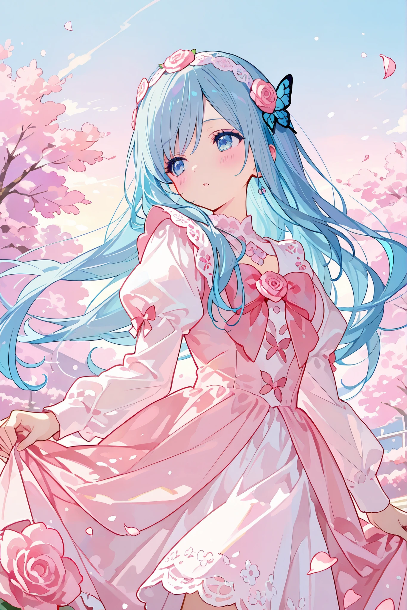 masterpiece, Highest Quality, super detailed, with a soft, curious expression , with flowing blue hair and big , Shining Blue Eyes . An anime-style scene depicting a girl with long hair , Her expression is soft and inquisitive,、 Looking Back Over My Shoulder . Her dress is a cute combination of pink and white, Decorated with ribbons, and her hair is adorned with a lace headband and pink roses. the sky is filled with soft pastel colors, and cherry blossom petals dance through the air , Adding a magical vibe to the scene. Butterflies also dance around her , adds a sense of movement. The colors are vivid, There are sharks fluttering around、The soft pink and blue create a dreamy and enchanting atmosphere, perfect for a fairytale-like adventure .