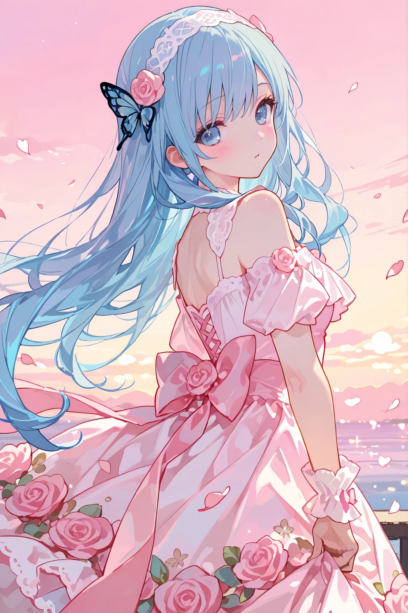 masterpiece, Highest Quality, super detailed, with a soft, curious expression , with flowing blue hair and big , Shining Blue Eyes . An anime-style scene depicting a girl with long hair , Her expression is soft and inquisitive,、 Looking Back Over My Shoulder . Her dress is a cute combination of pink and white, Decorated with ribbons, and her hair is adorned with a lace headband and pink roses. the sky is filled with soft pastel colors, and cherry blossom petals dance through the air , Adding a magical vibe to the scene. Butterflies also dance around her , adds a sense of movement. The colors are vivid, There are sharks fluttering around、The soft pink and blue create a dreamy and enchanting atmosphere, perfect for a fairytale-like adventure .