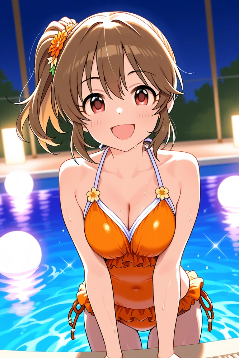 alone, One girl, Yunyun、blush 、View your viewers, Crown braids of the same color as your hair, Red Eyes、hair ornaments, Hair Ribbon, (White and pink bikini)、(Sliding down a water slide in the pool)、So wet、(A happy look:1.5)