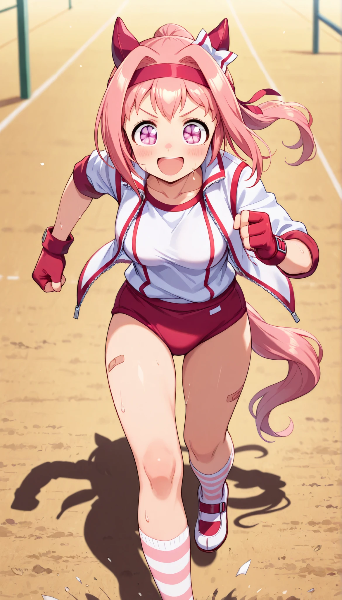 score_9, score_8_up, score_7_up, score_6_up, <lora:MikaPikaZoXLP6lokrV42310-000124:0.95> 1girl, bandaid on leg, haru urara \(umamusume\), solo, horse ears, horse girl, animal ears, buruma, one eye closed, bandaid, tail, horse tail, gloves, red buruma, pink hair, open mouth, ponytail, long hair, jacket, fingerless gloves, white jacket, shirt, smile, white shirt, arm up, pink eyes, hair intakes, thighs, red gloves, bow, striped, white background, striped socks, gym uniform, hair bow, symbol in eye, simple background, headband, symbol-shaped pupils, blush, ribbon, socks, track jacket, shoes, white footwear