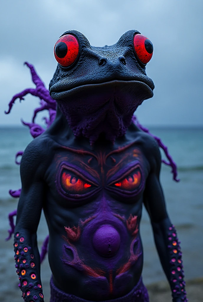 film photography, vintage, fashion shoot of female horror monster, blue dark background