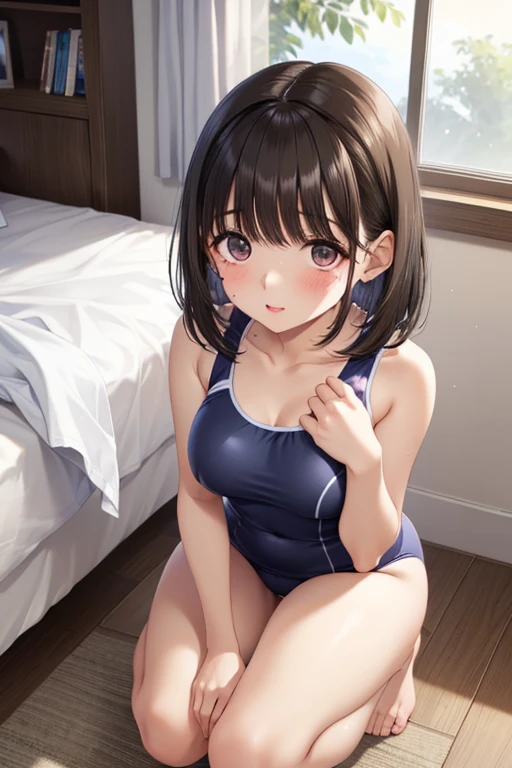top-quality、Full limbs、complete fingers、Slender beauty、1 persons、Small eyes、Bery short hair、embarassed expression、Sailor School Swimsuit、knee high、Bedrooms